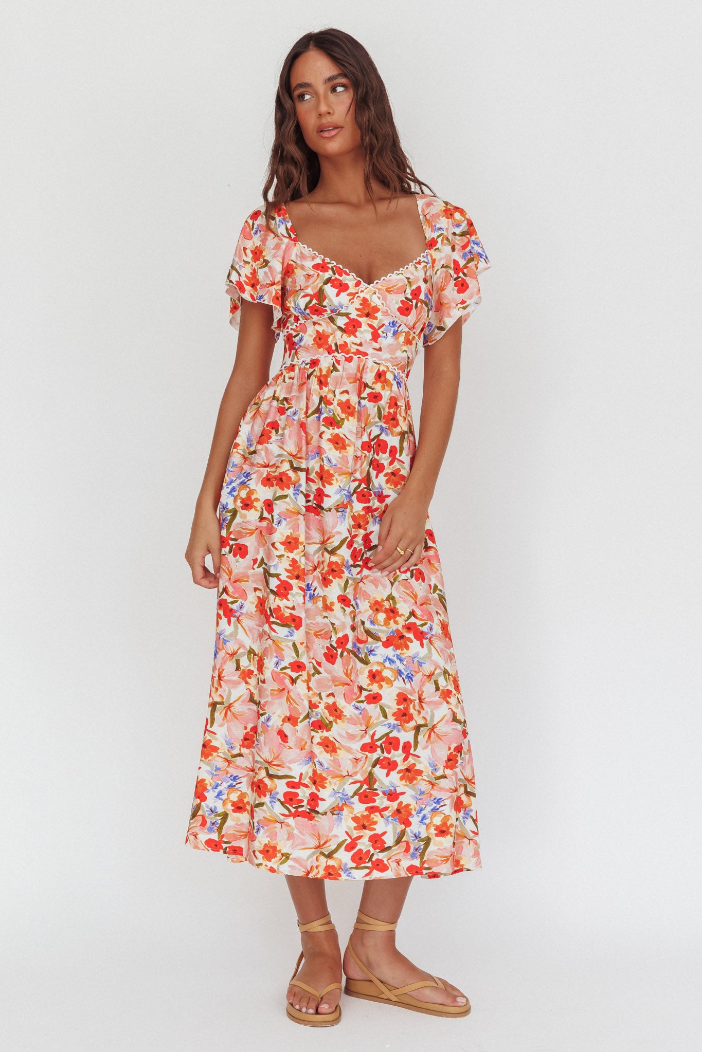 Carynna Flutter Sleeve Maxi Dress Floral Red-Fable Dress