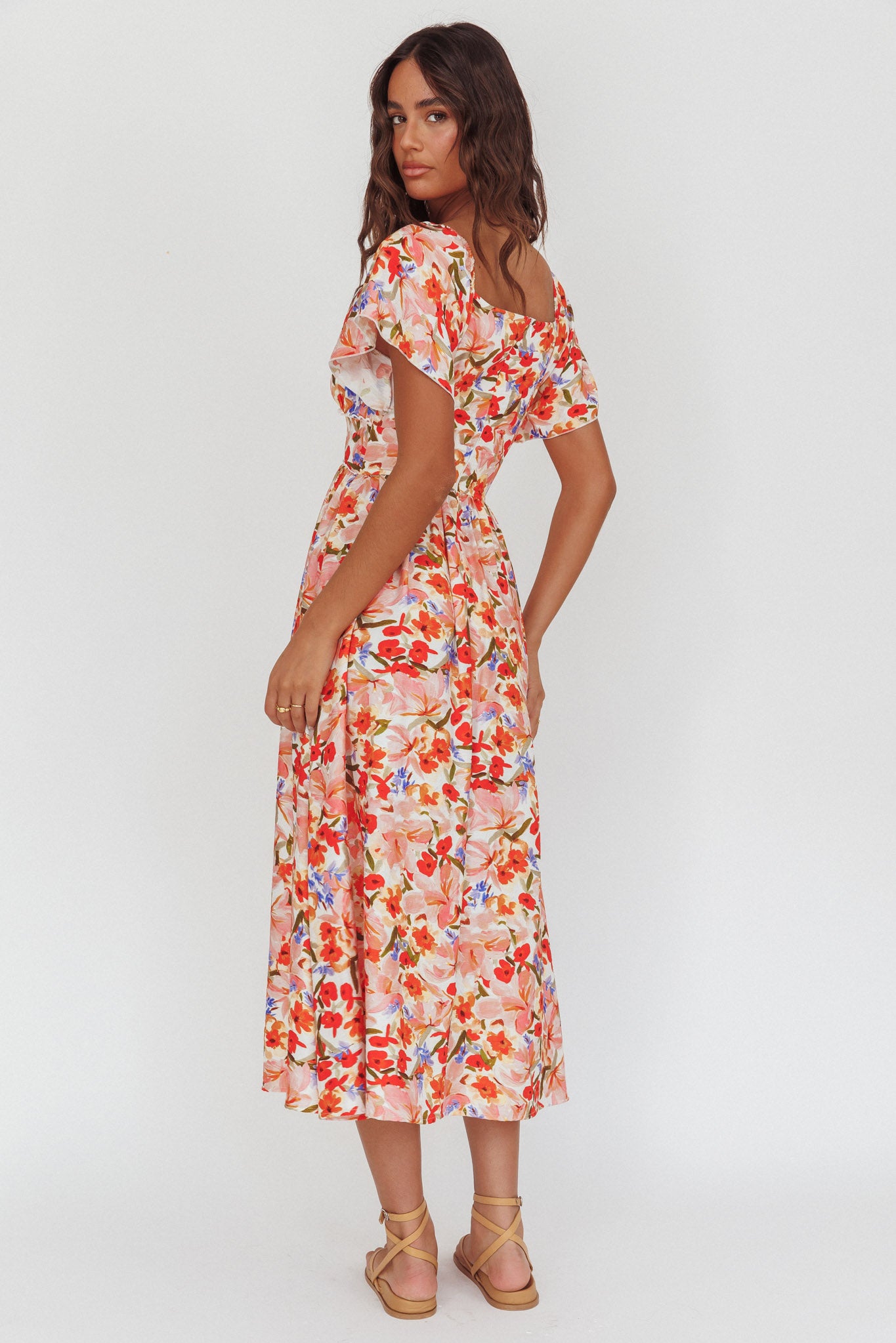 Carynna Flutter Sleeve Maxi Dress Floral Red-Fable Dress
