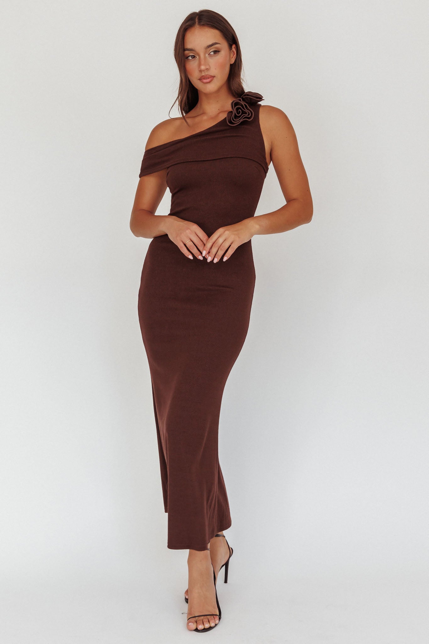 Mazon One-Shoulder Knit Maxi Dress Chocolate-Fable Dress