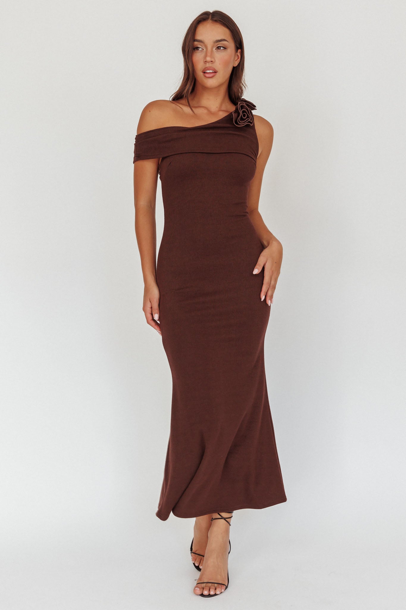 Mazon One-Shoulder Knit Maxi Dress Chocolate-Fable Dress