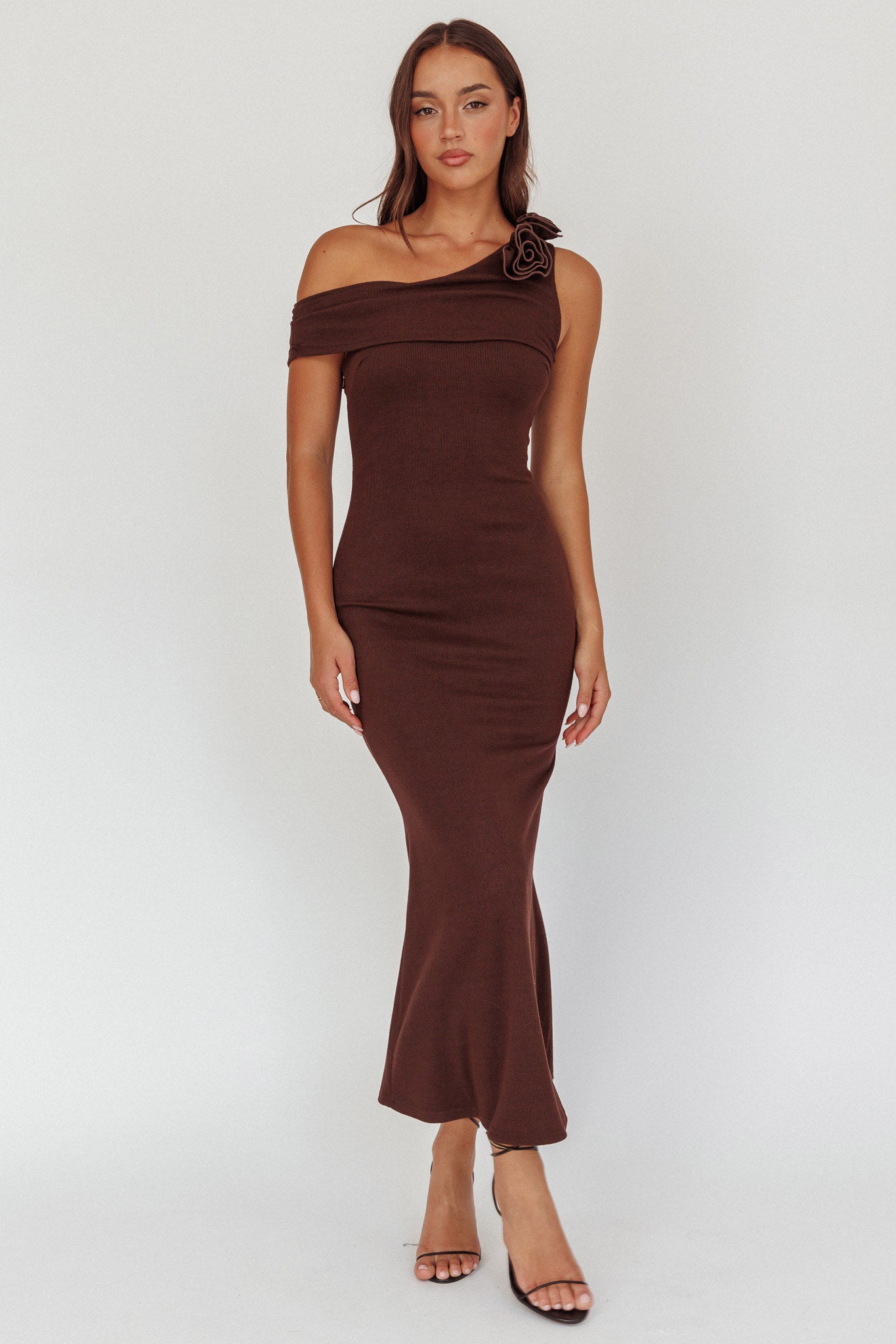 Mazon One-Shoulder Knit Maxi Dress Chocolate-Fable Dress