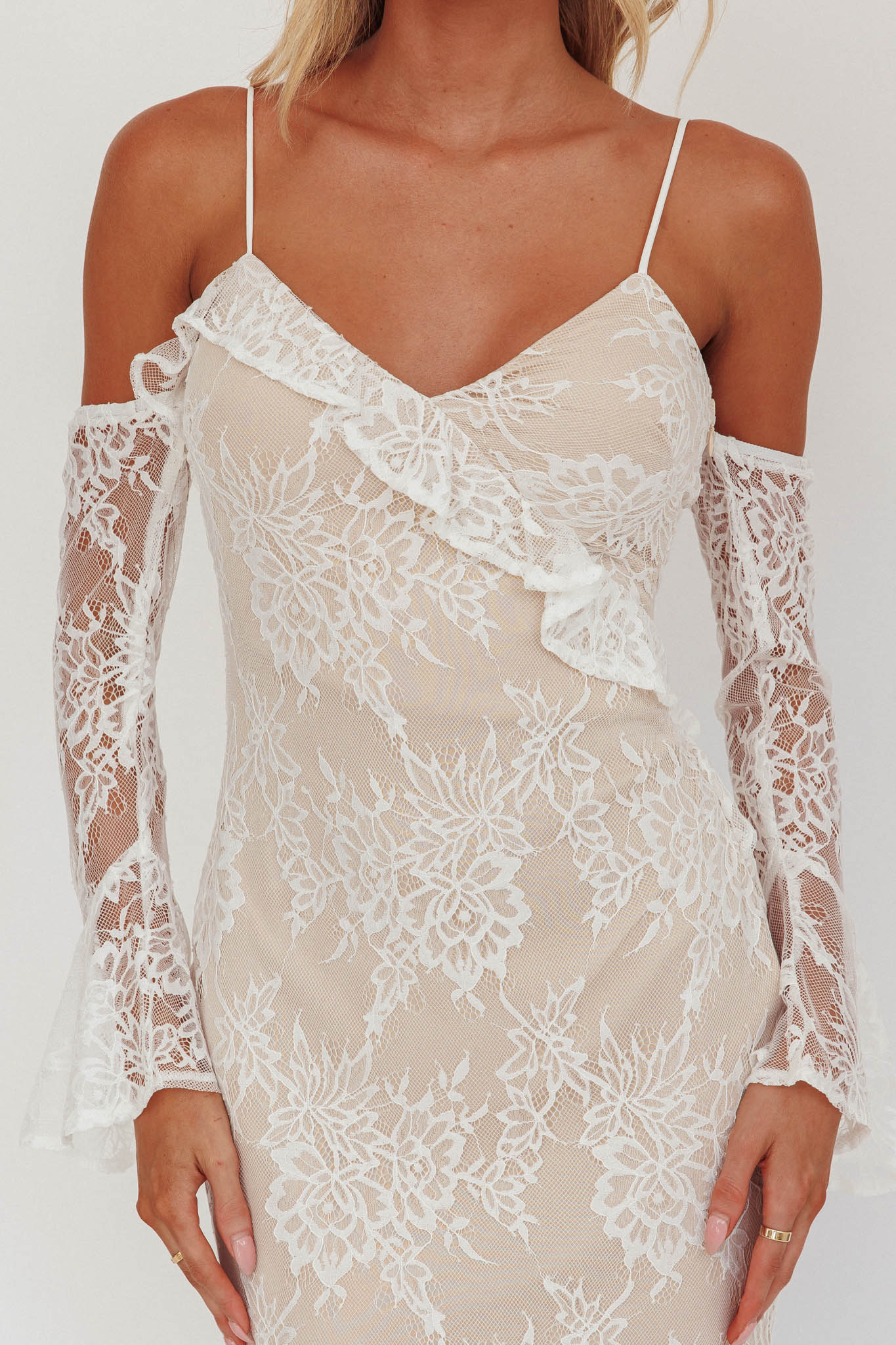 Zarah Off-Shoulder Sleeve Lace Maxi Dress White-Fable Dress