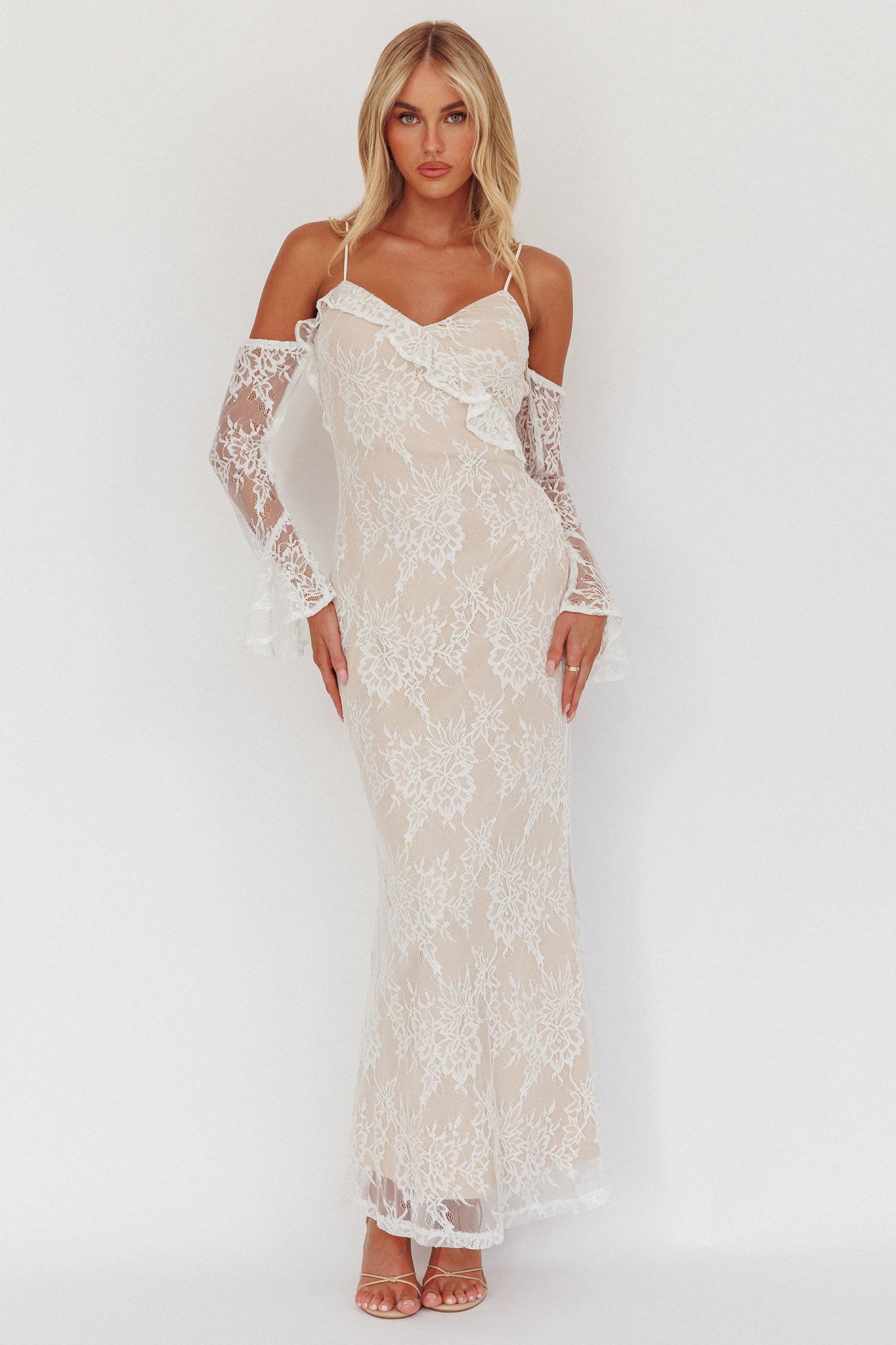 Zarah Off-Shoulder Sleeve Lace Maxi Dress White-Fable Dress