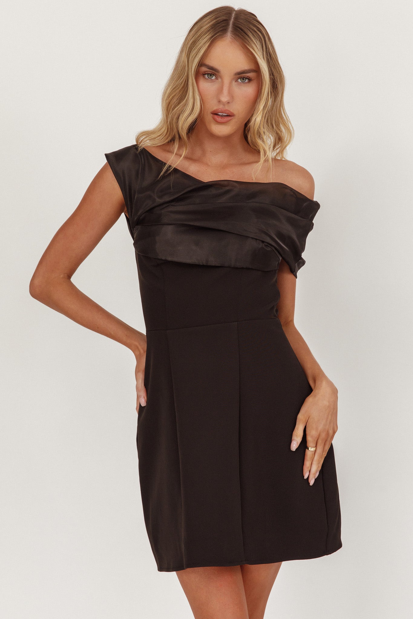 Vienna Nights Off-Shoulder A-Line Mini Dress Black-Fable Dress
