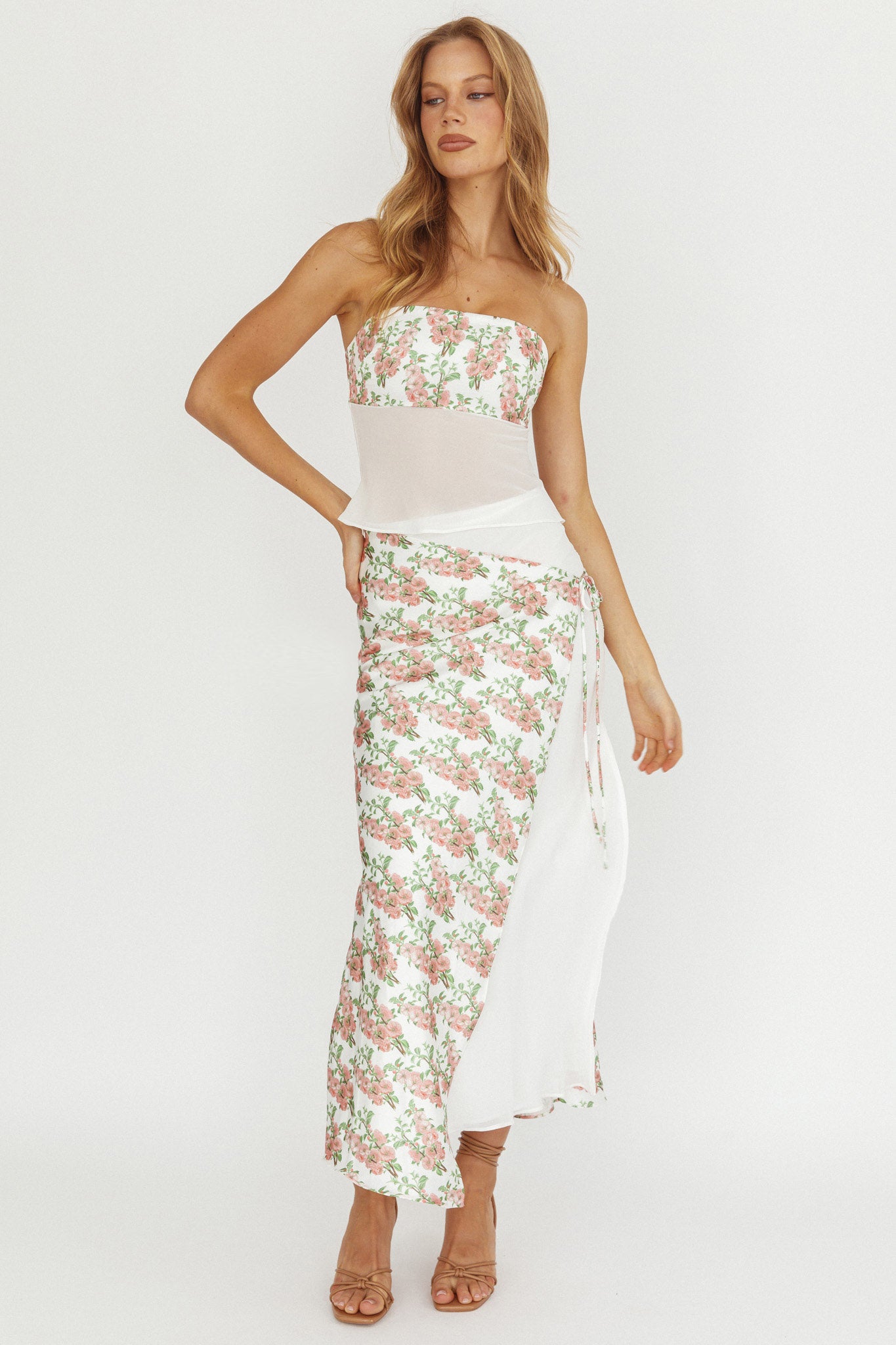 Jerica Wrap Front Maxi Skirt Floral Blush-Fable Dress