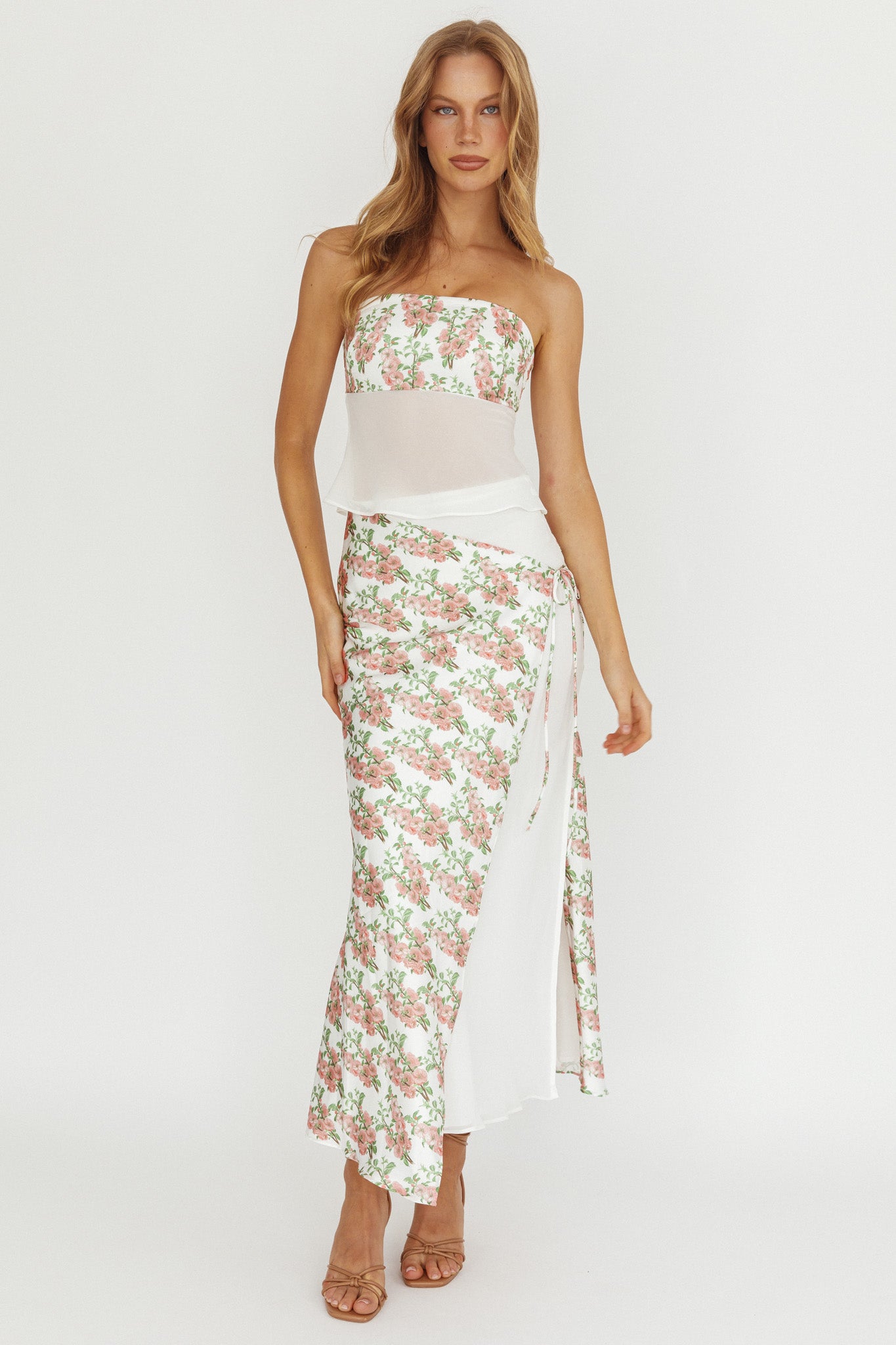 Jerica Wrap Front Maxi Skirt Floral Blush-Fable Dress