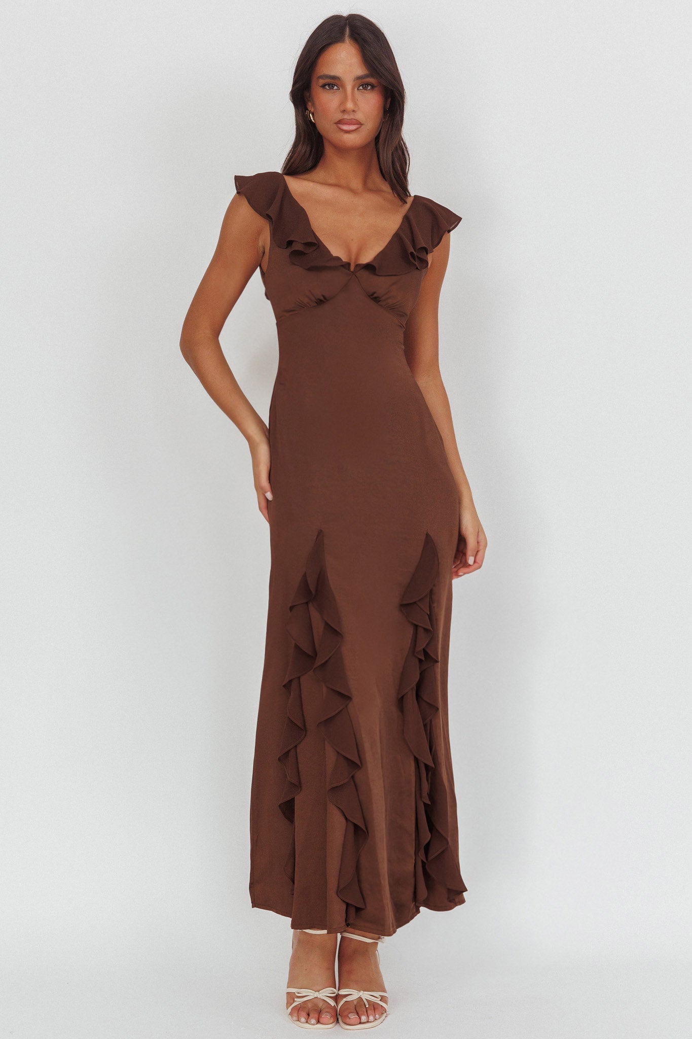 Zerai Ruffle Trimmed Maxi Dress Chocolate-Fable Dress