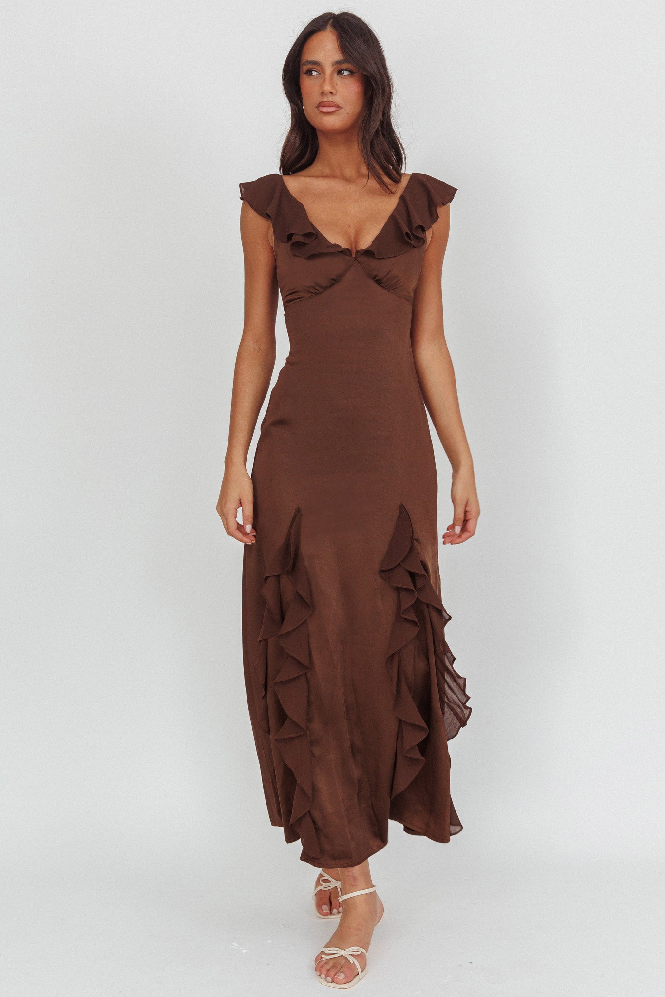 Zerai Ruffle Trimmed Maxi Dress Chocolate-Fable Dress
