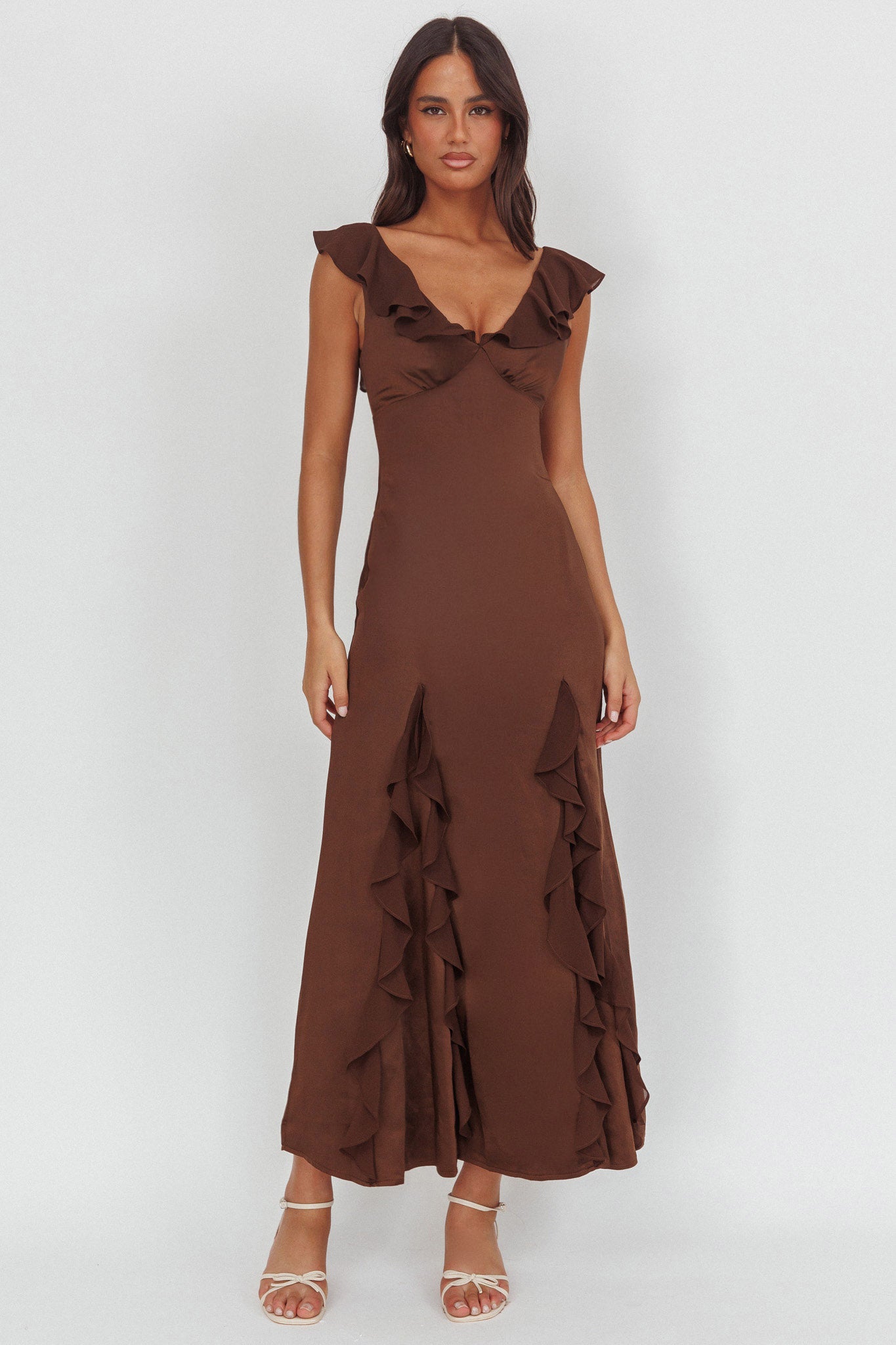 Zerai Ruffle Trimmed Maxi Dress Chocolate-Fable Dress