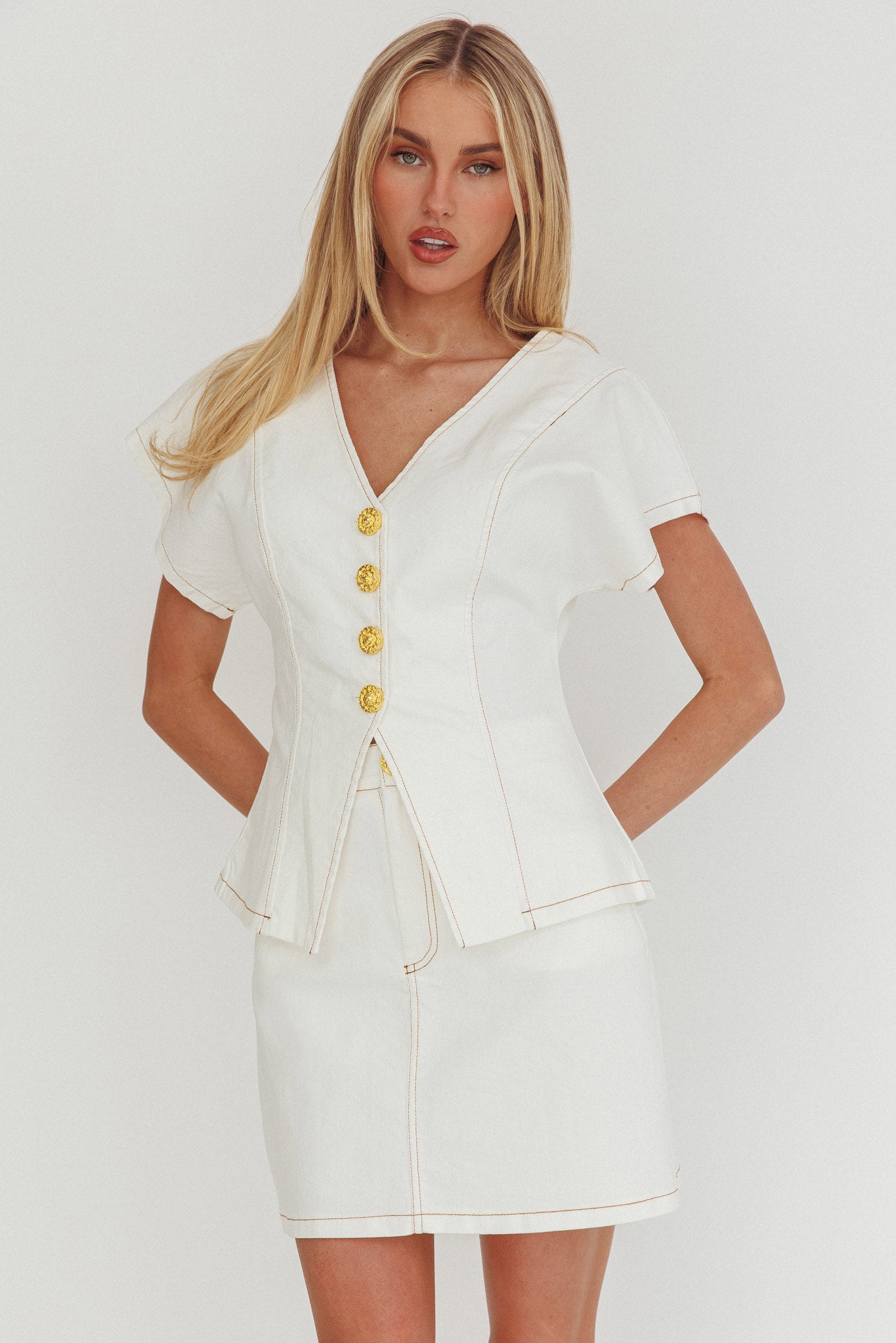 Over It Short Gold Button Mini Skirt Cream-Fable Dress