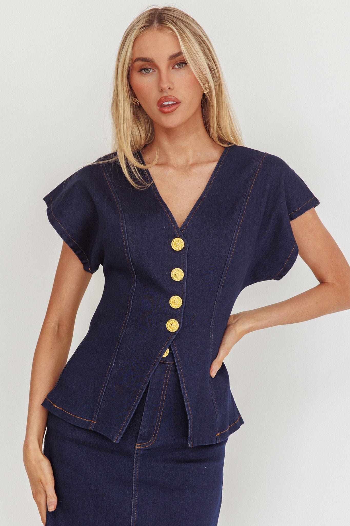 Over It Short Sleeve Button Top Denim-Fable Dress