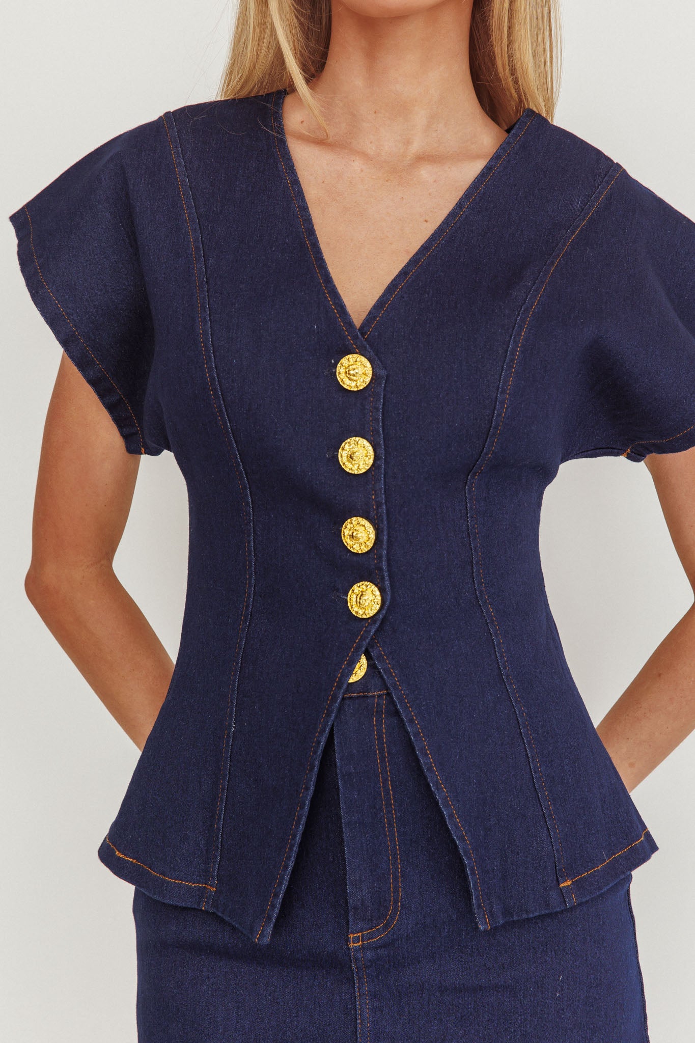 Over It Short Sleeve Button Top Denim-Fable Dress