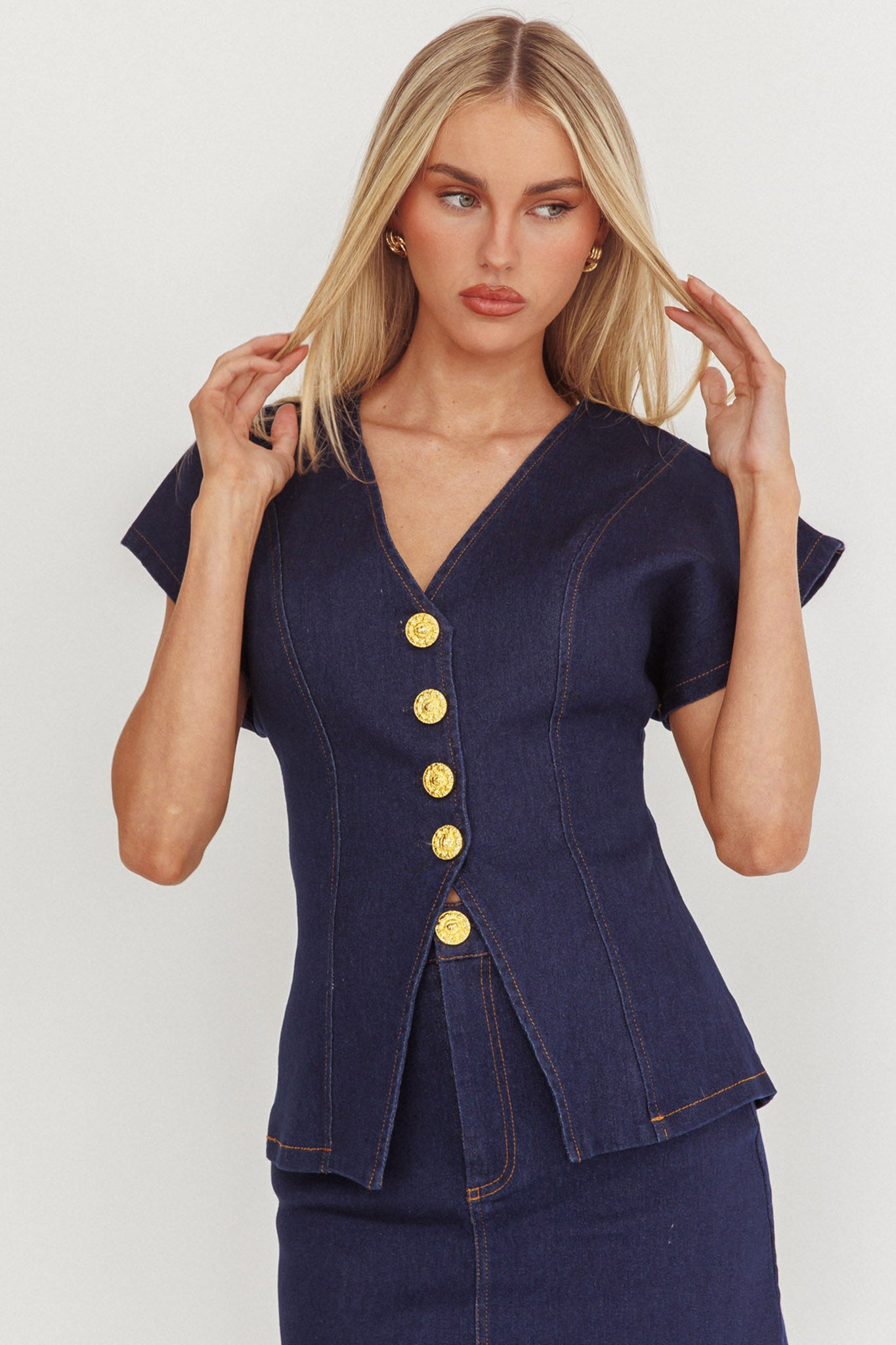 Over It Short Sleeve Button Top Denim-Fable Dress