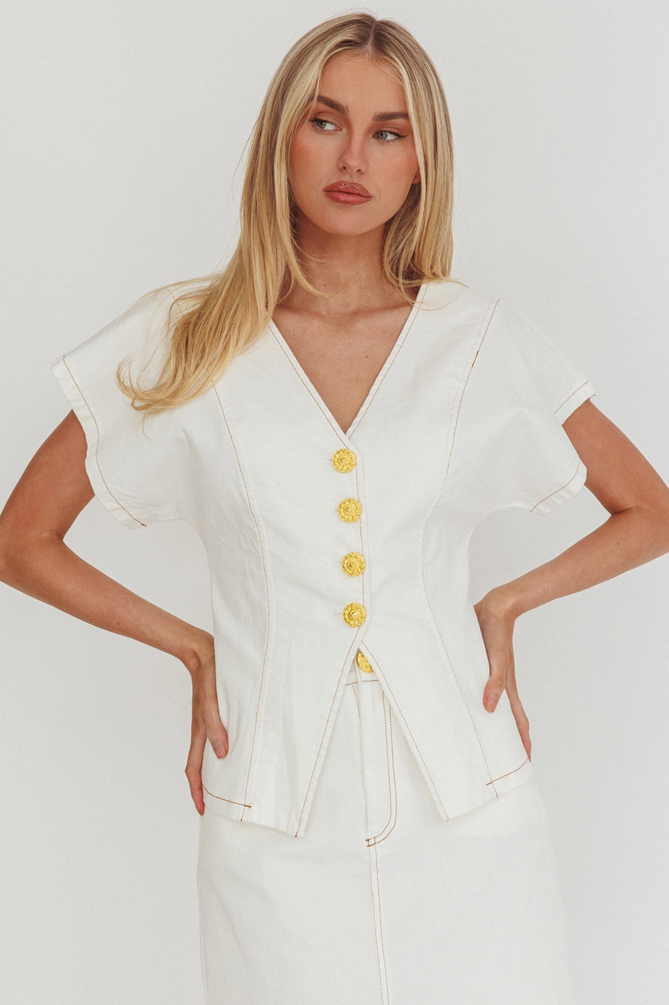 Over It Short Sleeve Button Top Cream-Fable Dress