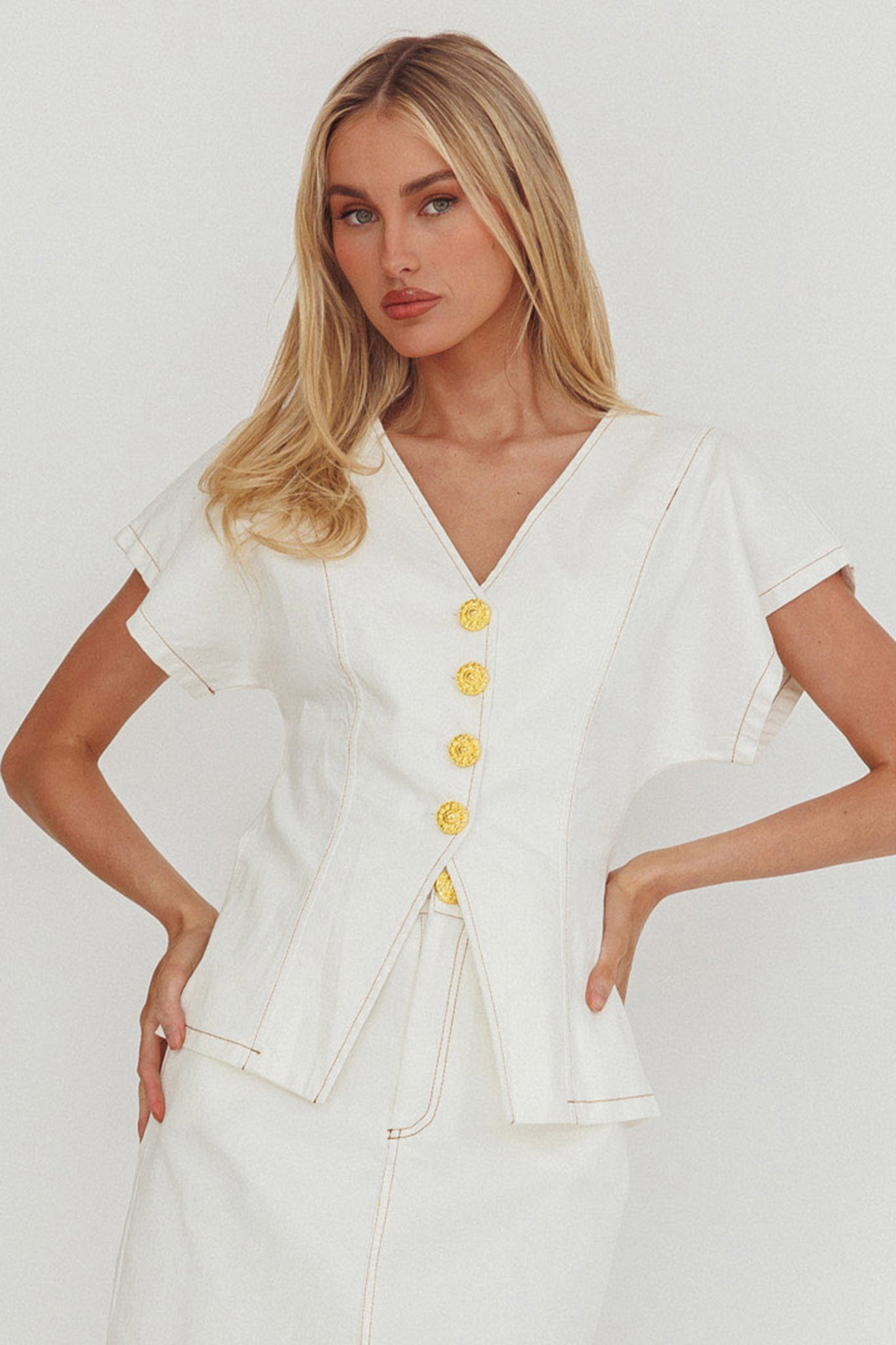 Over It Short Sleeve Button Top Cream-Fable Dress