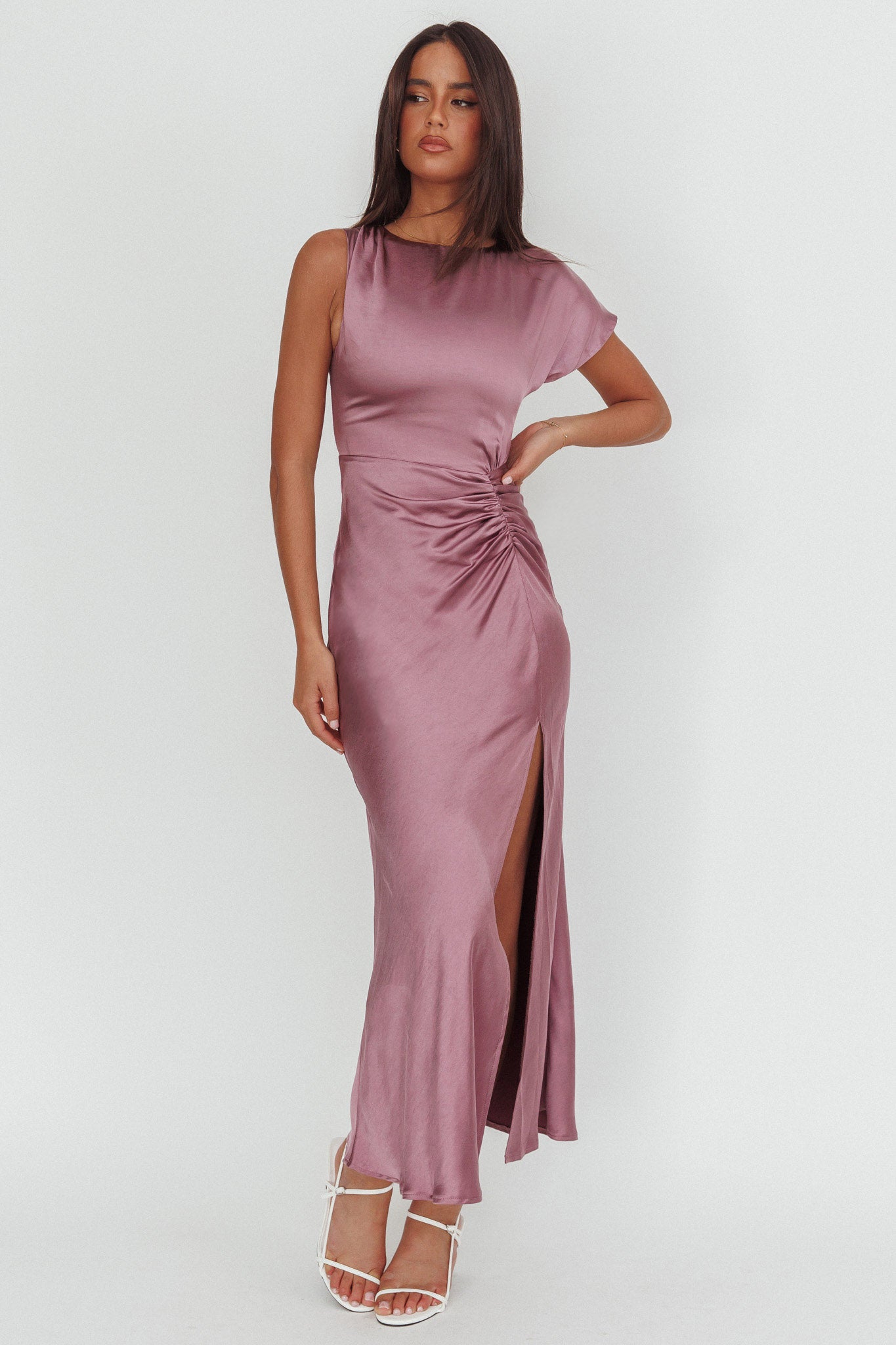Larelle One-Sleeve Front Split Maxi Dress Grape-Fable Dress