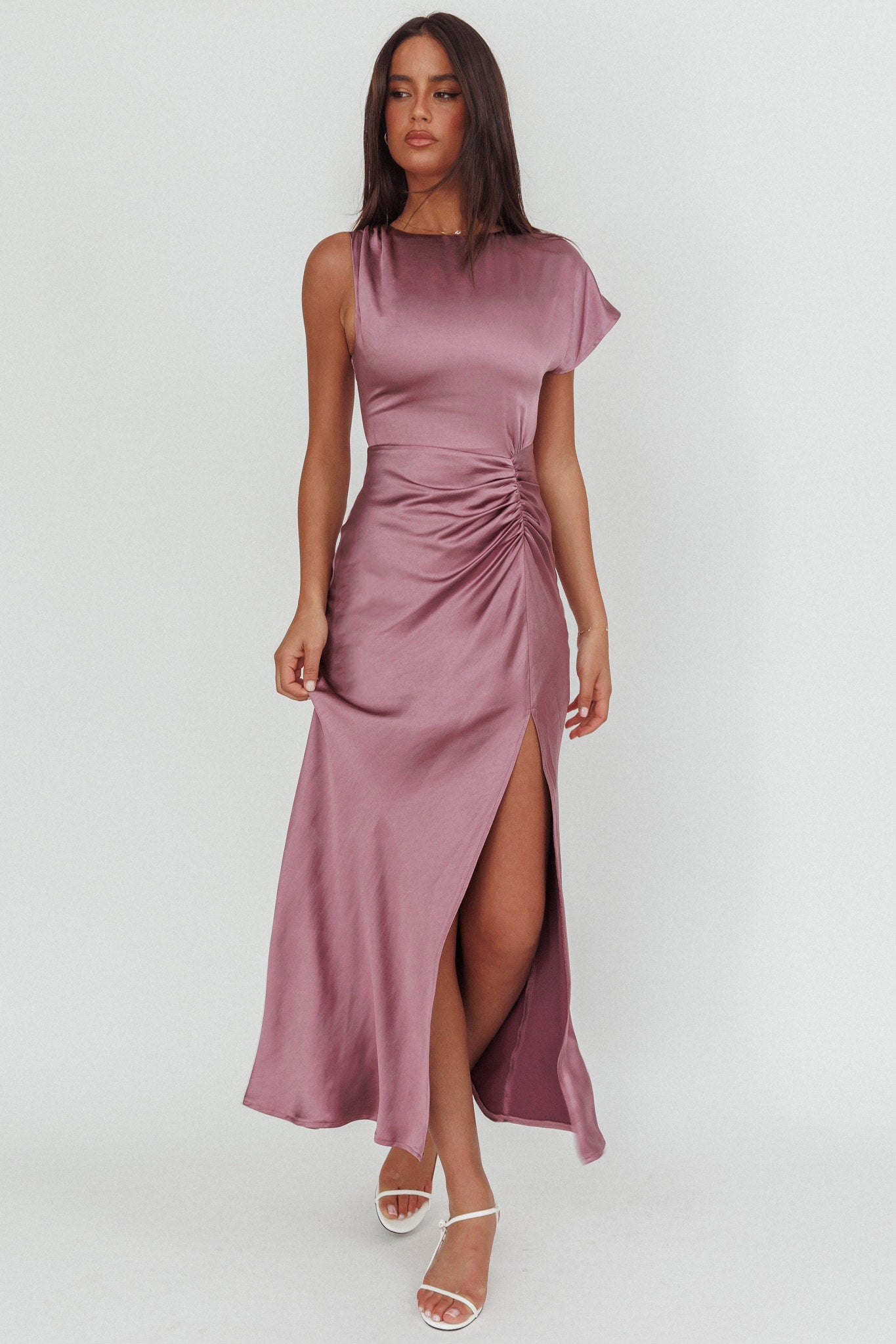 Larelle One-Sleeve Front Split Maxi Dress Grape-Fable Dress