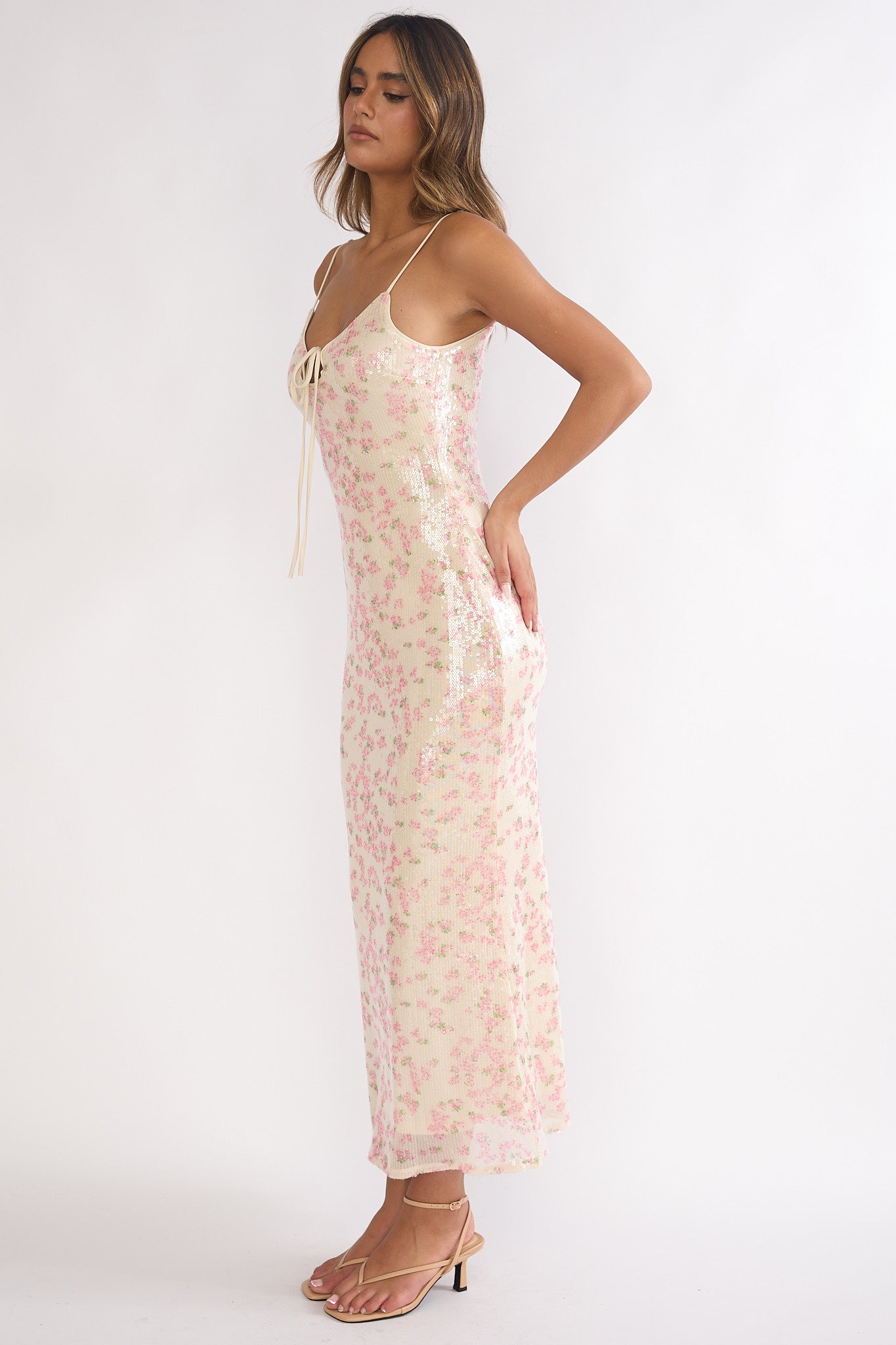 Marielle Bust Tie Sequin Maxi Dress Floral Pink Sage-Fable Dress