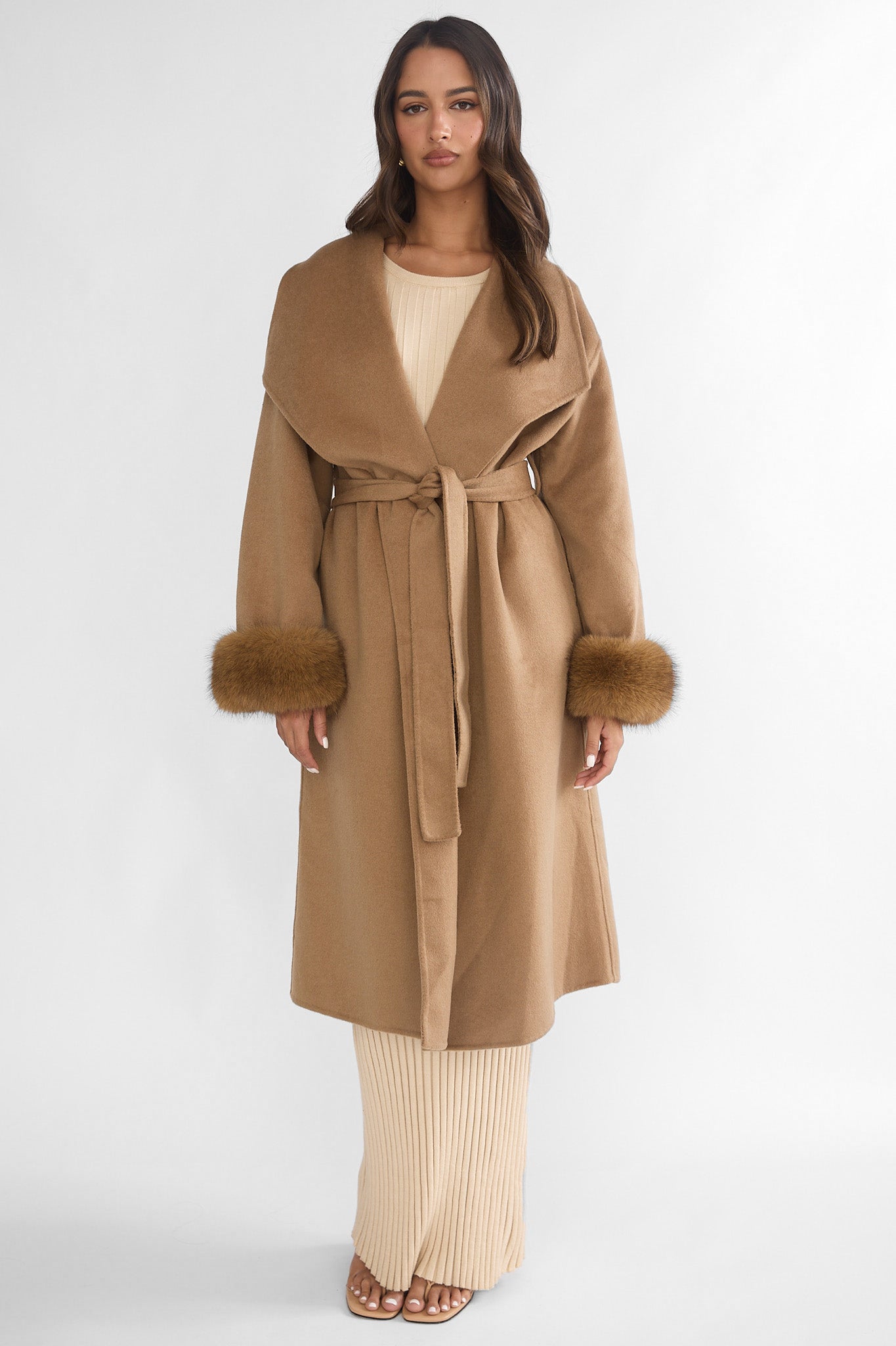Zannora Faux Fur Coat Camel-Fable Dress