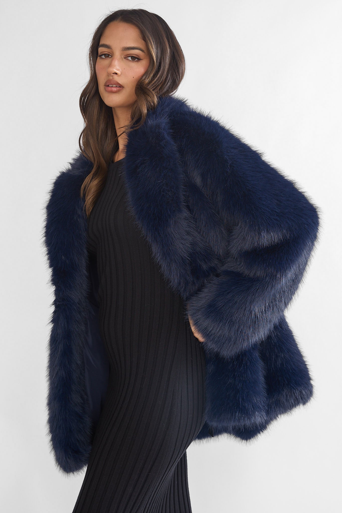 Rilani Faux Fur Pocket Coat Navy-Fable Dress
