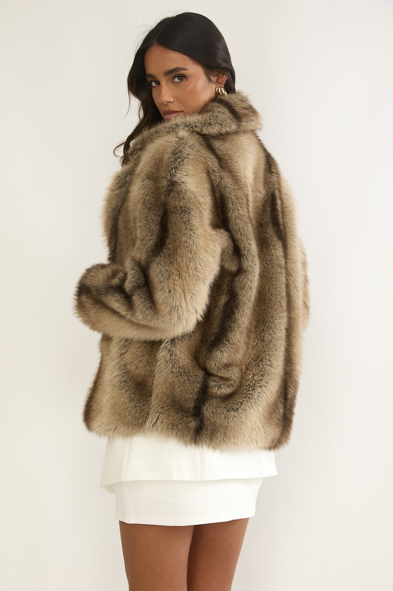 Soraya Notch Lapel Faux Fur Coat Brown-Fable Dress