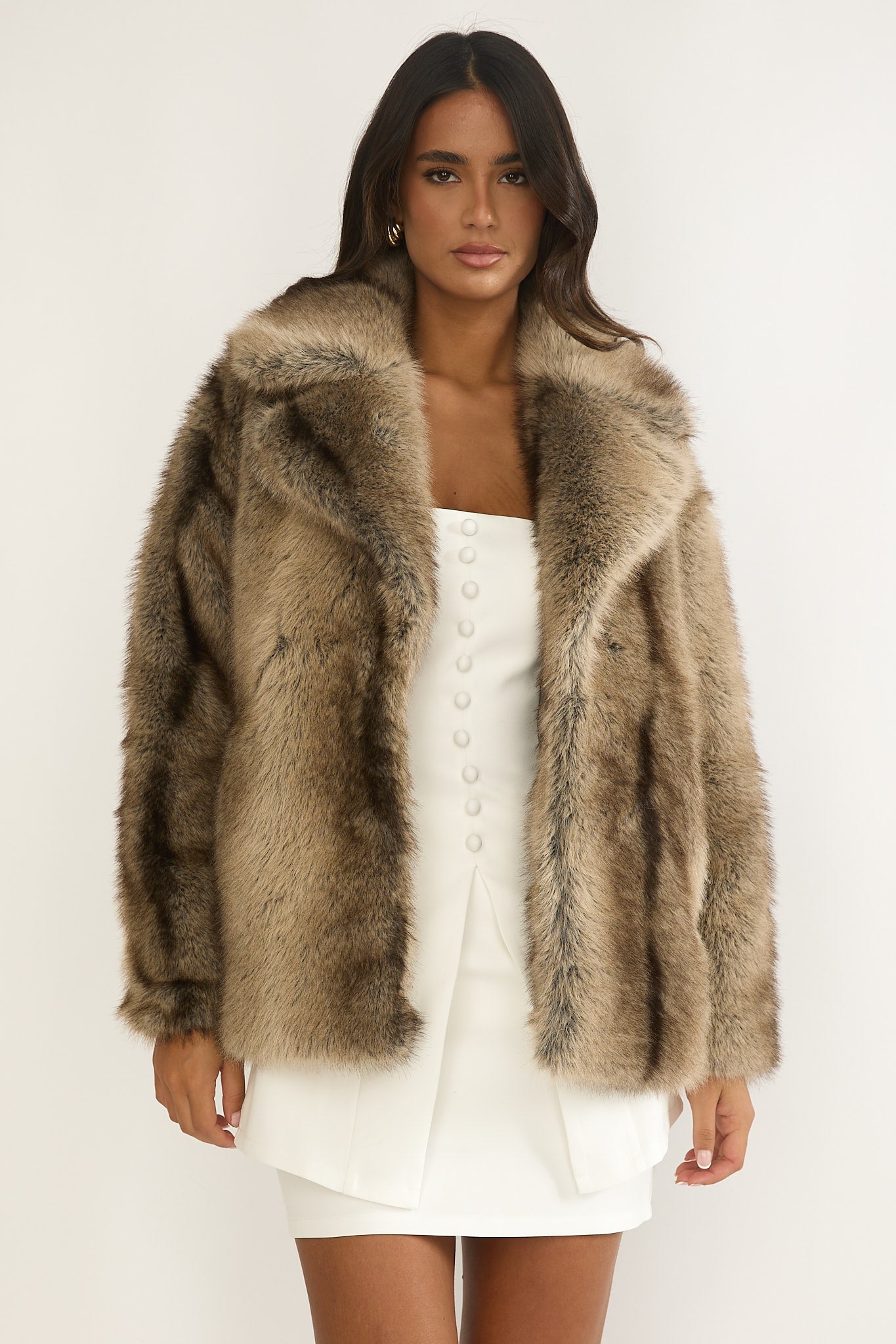 Soraya Notch Lapel Faux Fur Coat Brown-Fable Dress