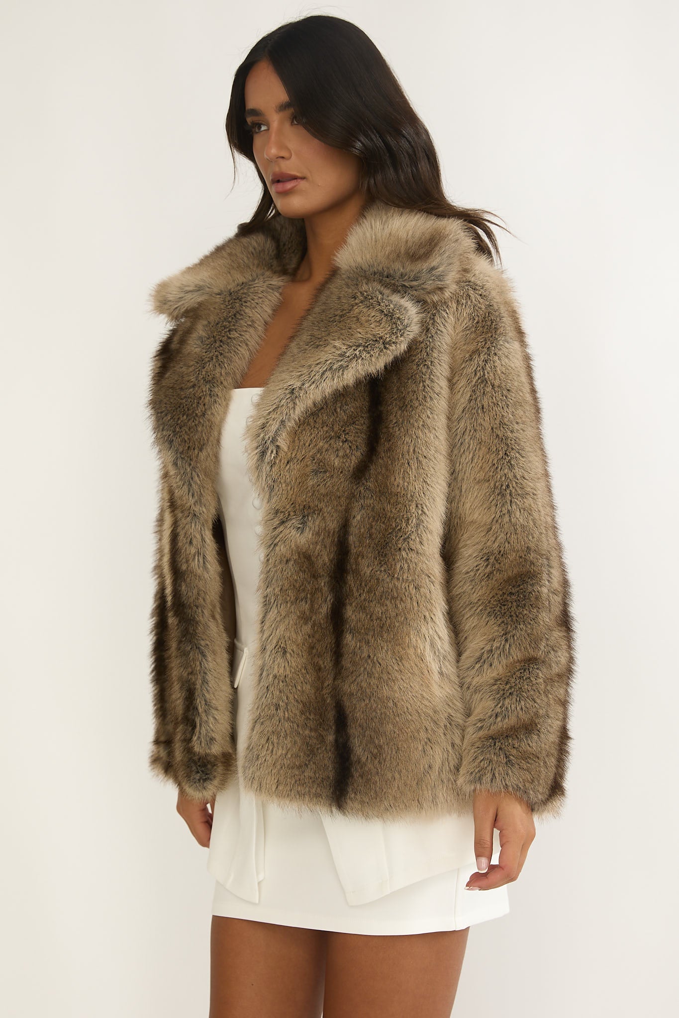 Soraya Notch Lapel Faux Fur Coat Brown-Fable Dress