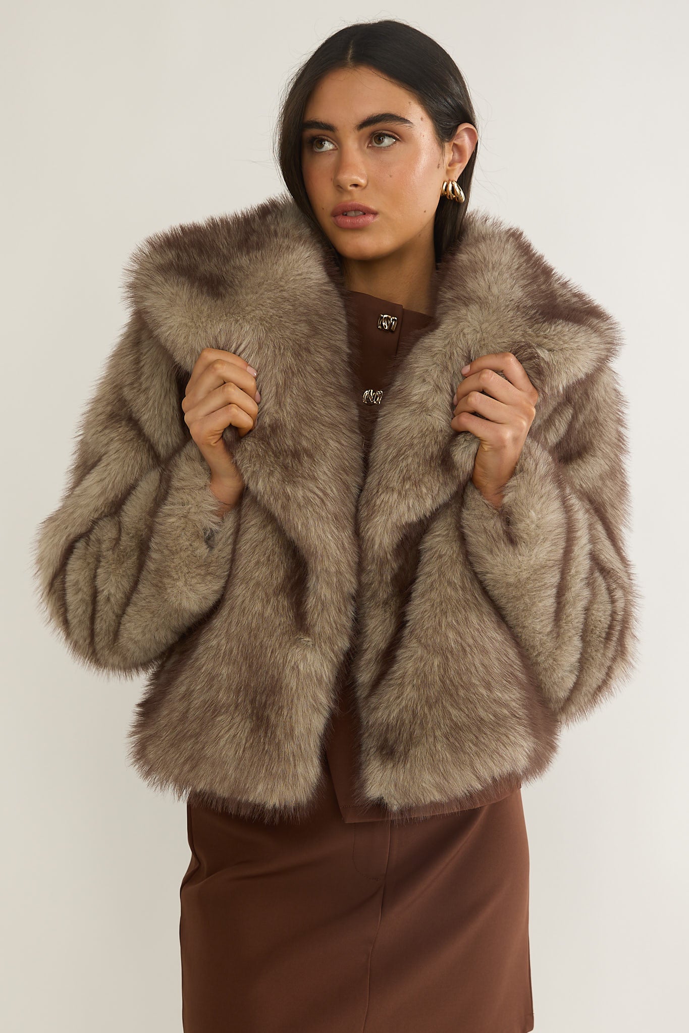 Marella Oversized Lapel Faux Fur Jacket Taupe-Fable Dress