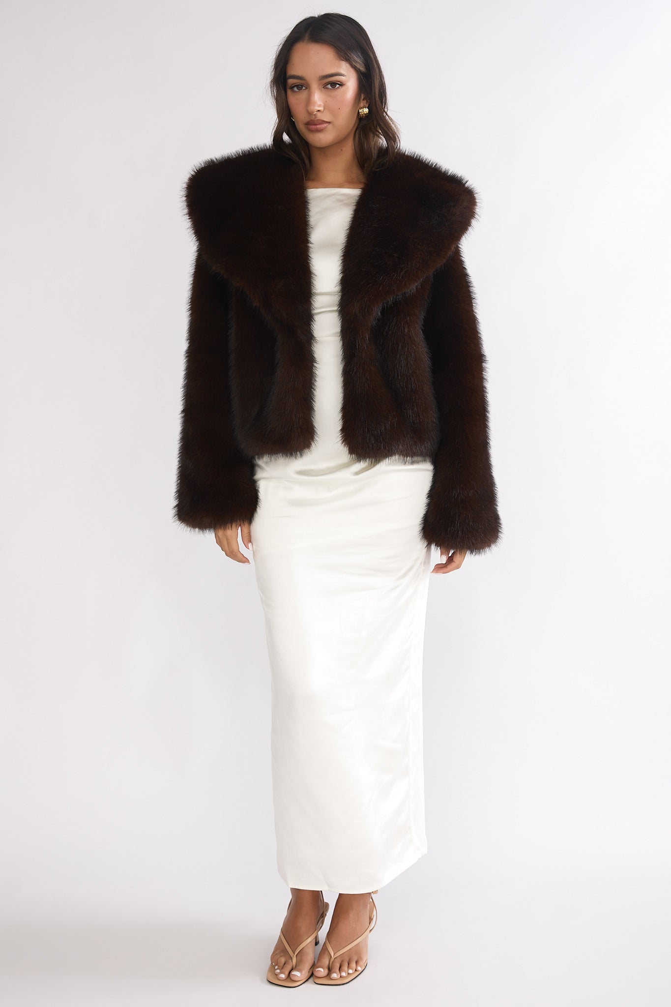 Marella Oversized Lapel Faux Fur Jacket Coffee-Fable Dress