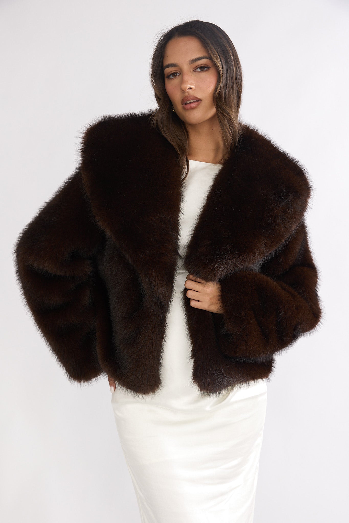 Marella Oversized Lapel Faux Fur Jacket Coffee-Fable Dress