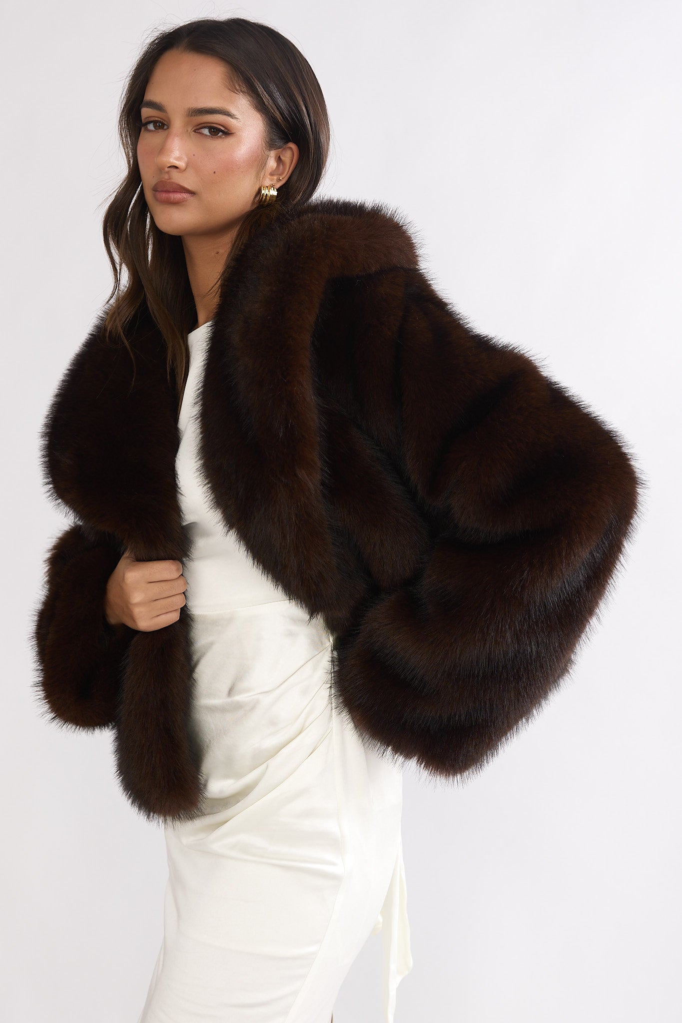 Marella Oversized Lapel Faux Fur Jacket Coffee-Fable Dress