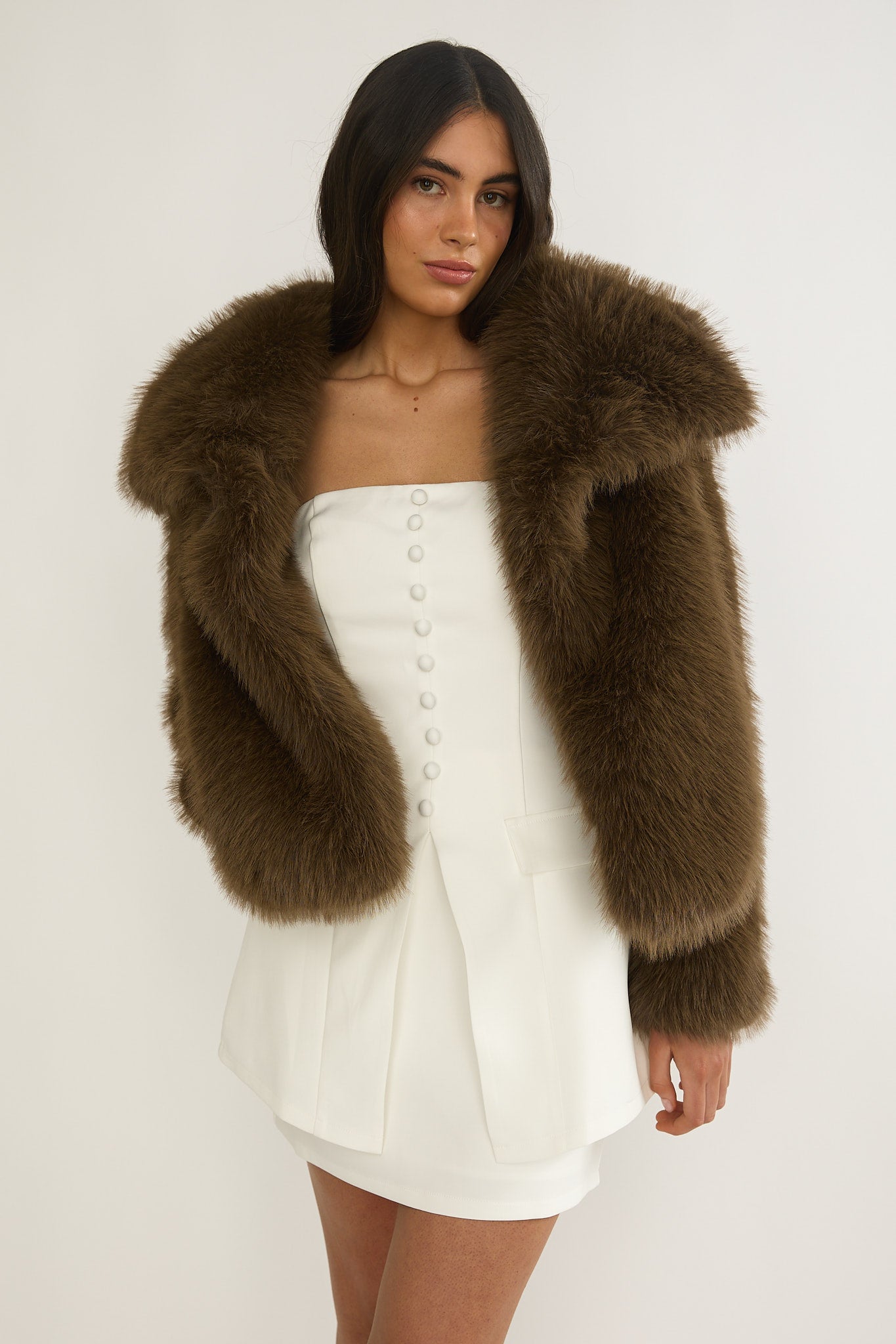 Harlequinn Oversized Lapel Faux Fur Jacket Coffee-Fable Dress