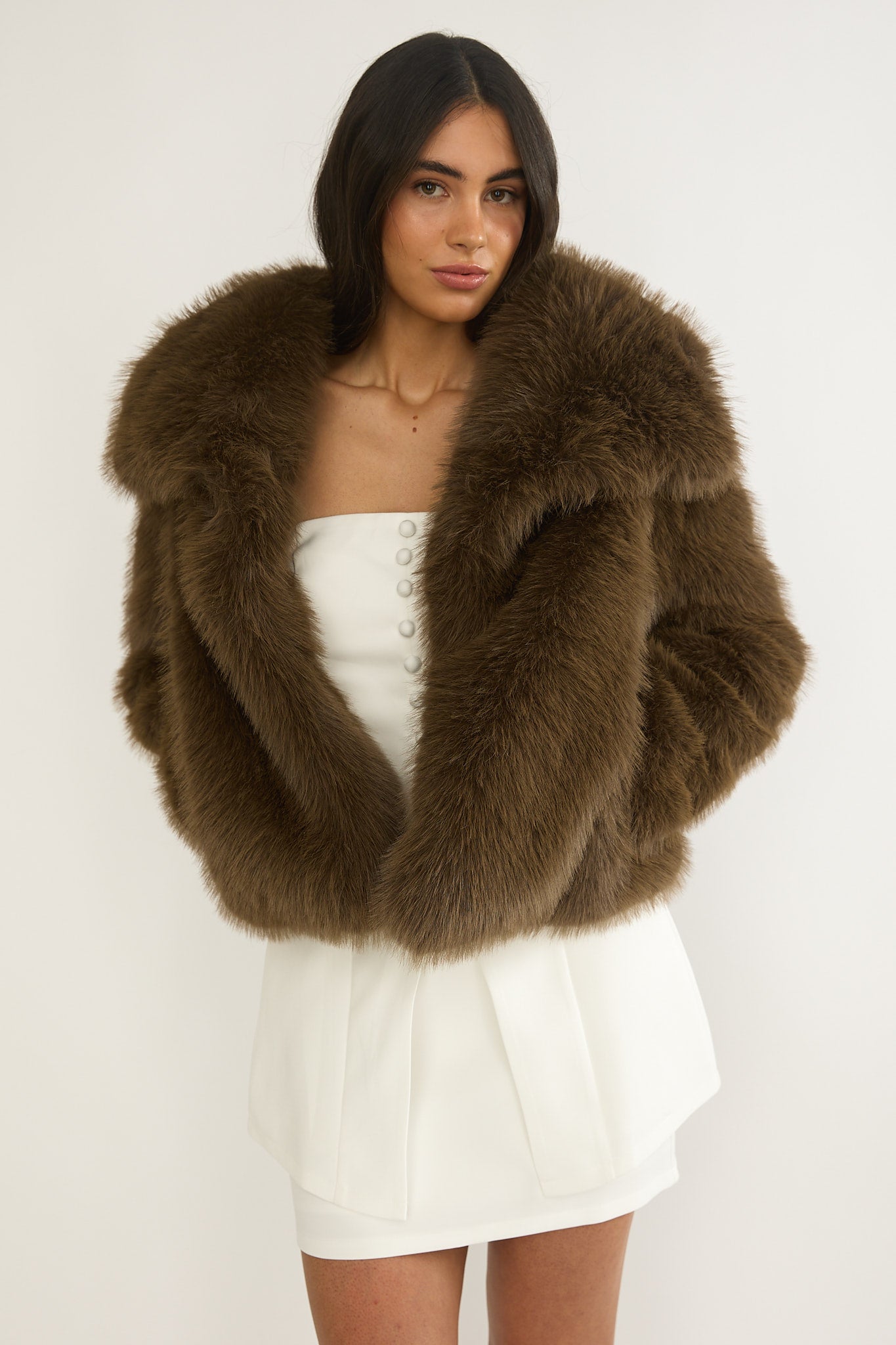 Harlequinn Oversized Lapel Faux Fur Jacket Coffee-Fable Dress