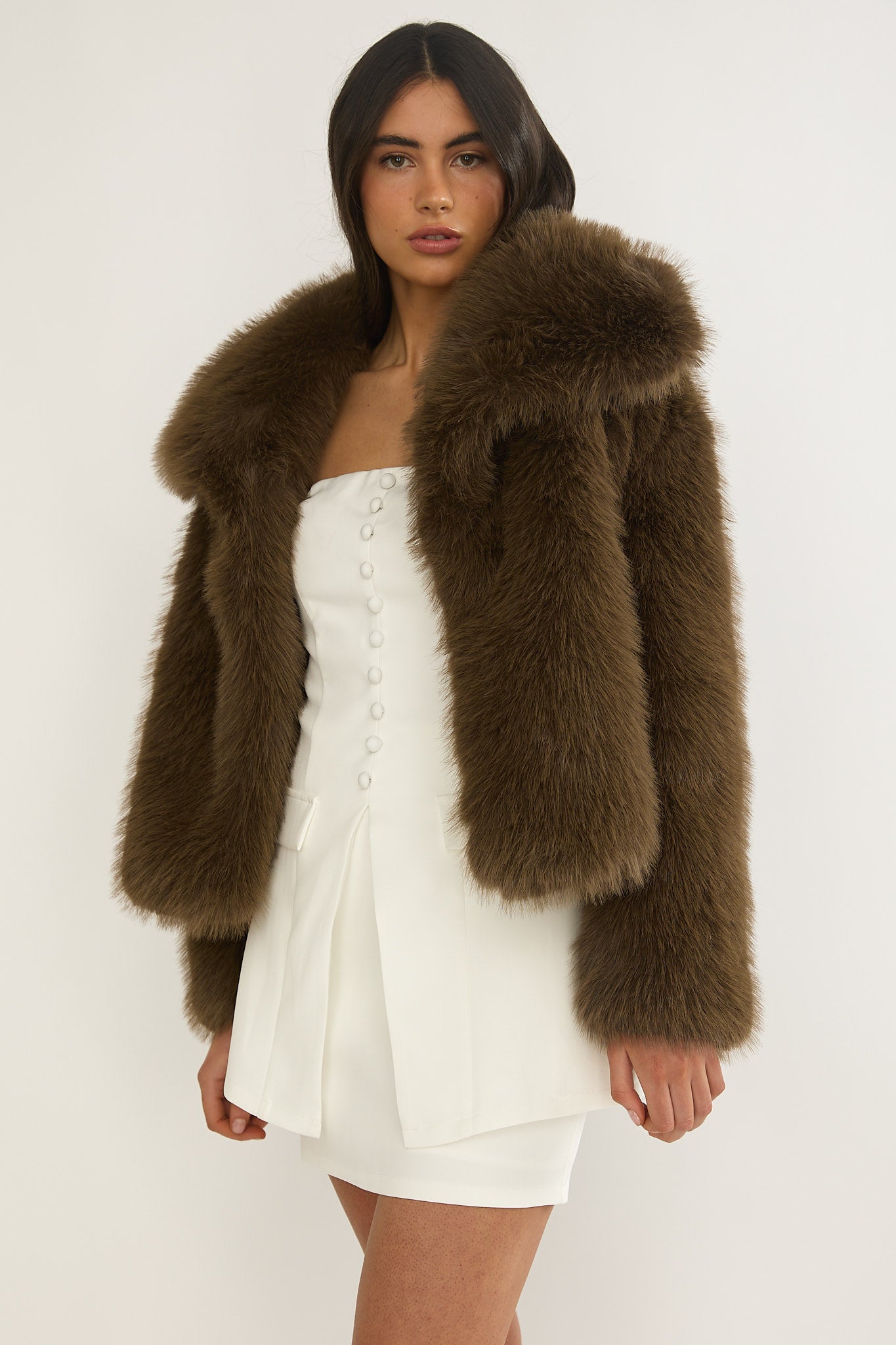 Harlequinn Oversized Lapel Faux Fur Jacket Coffee-Fable Dress