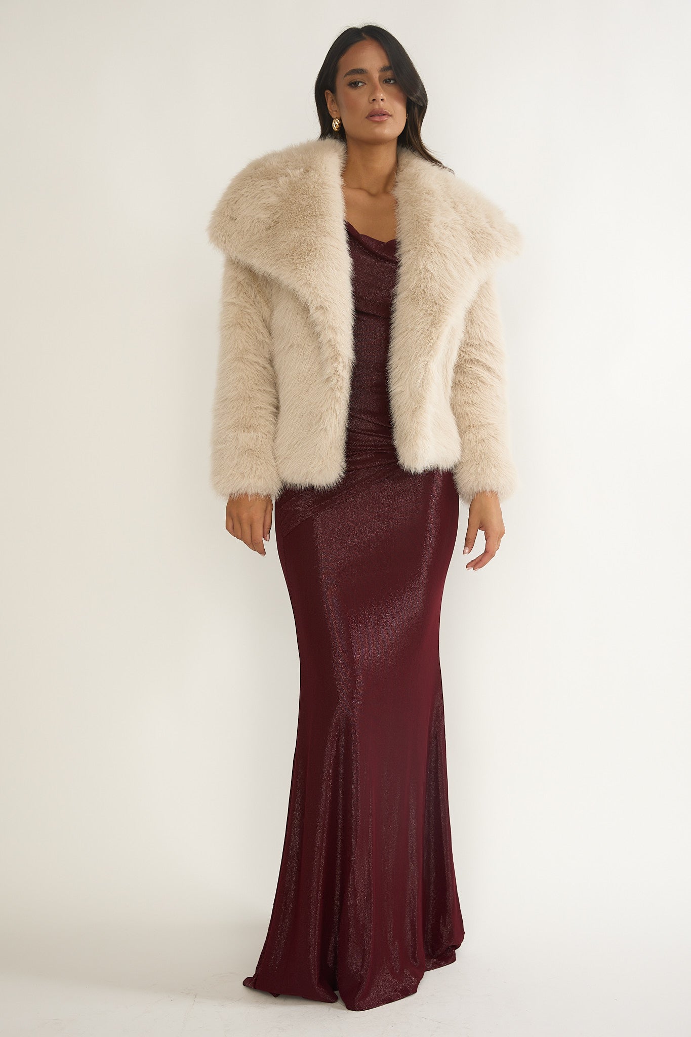 Harlequinn Oversized Lapel Faux Fur Jacket Taupe-Fable Dress