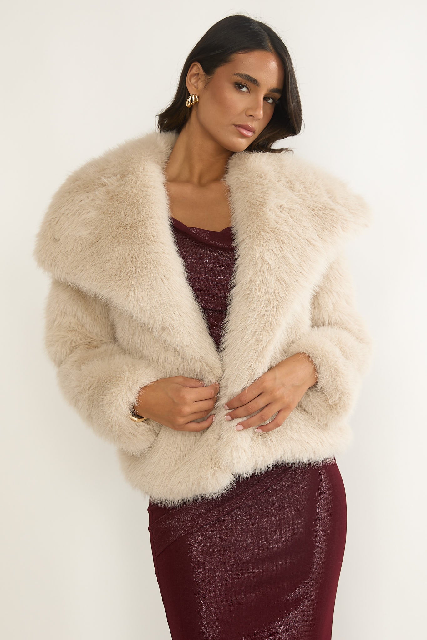 Harlequinn Oversized Lapel Faux Fur Jacket Taupe-Fable Dress