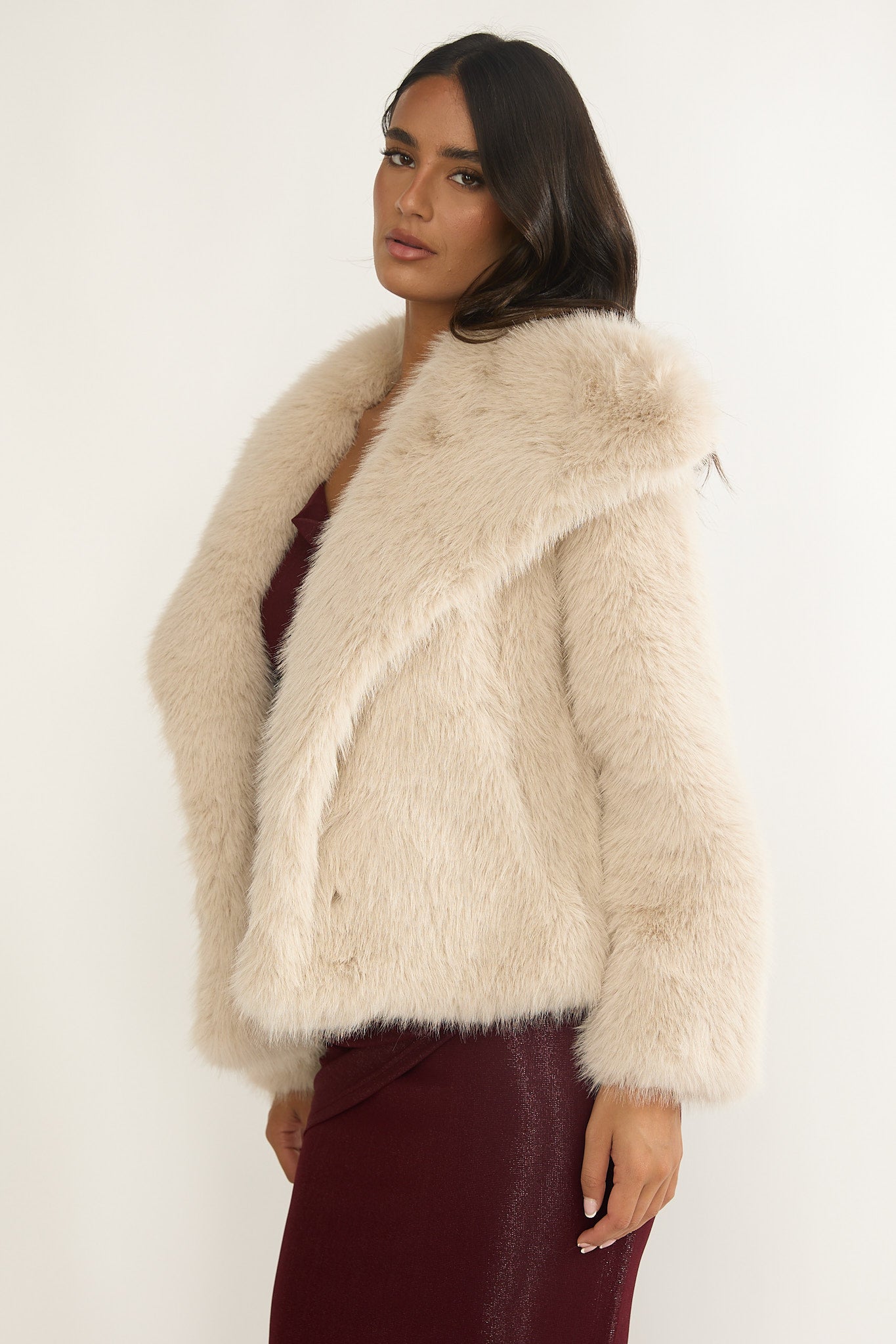 Harlequinn Oversized Lapel Faux Fur Jacket Taupe-Fable Dress