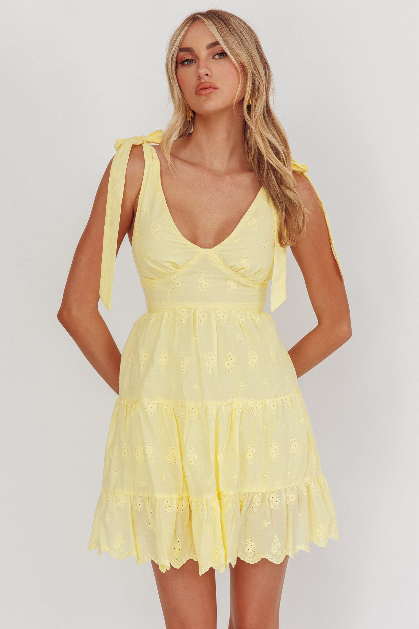 Ardent Tied Shoulder Mini Dress Lemon-Fable Dress