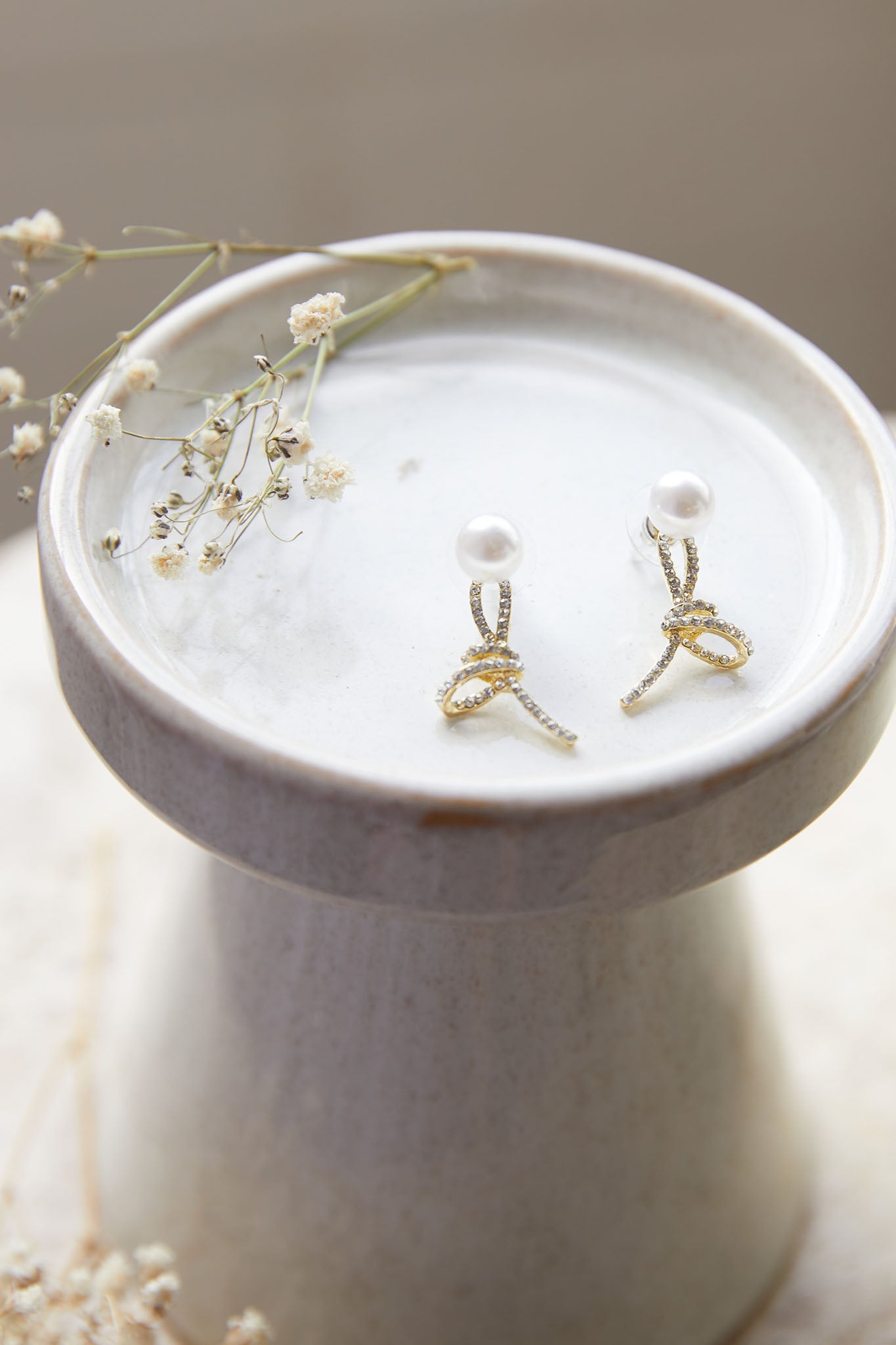 Carrie Crystal Knot Pearl Earrings Gold-Fable Dress