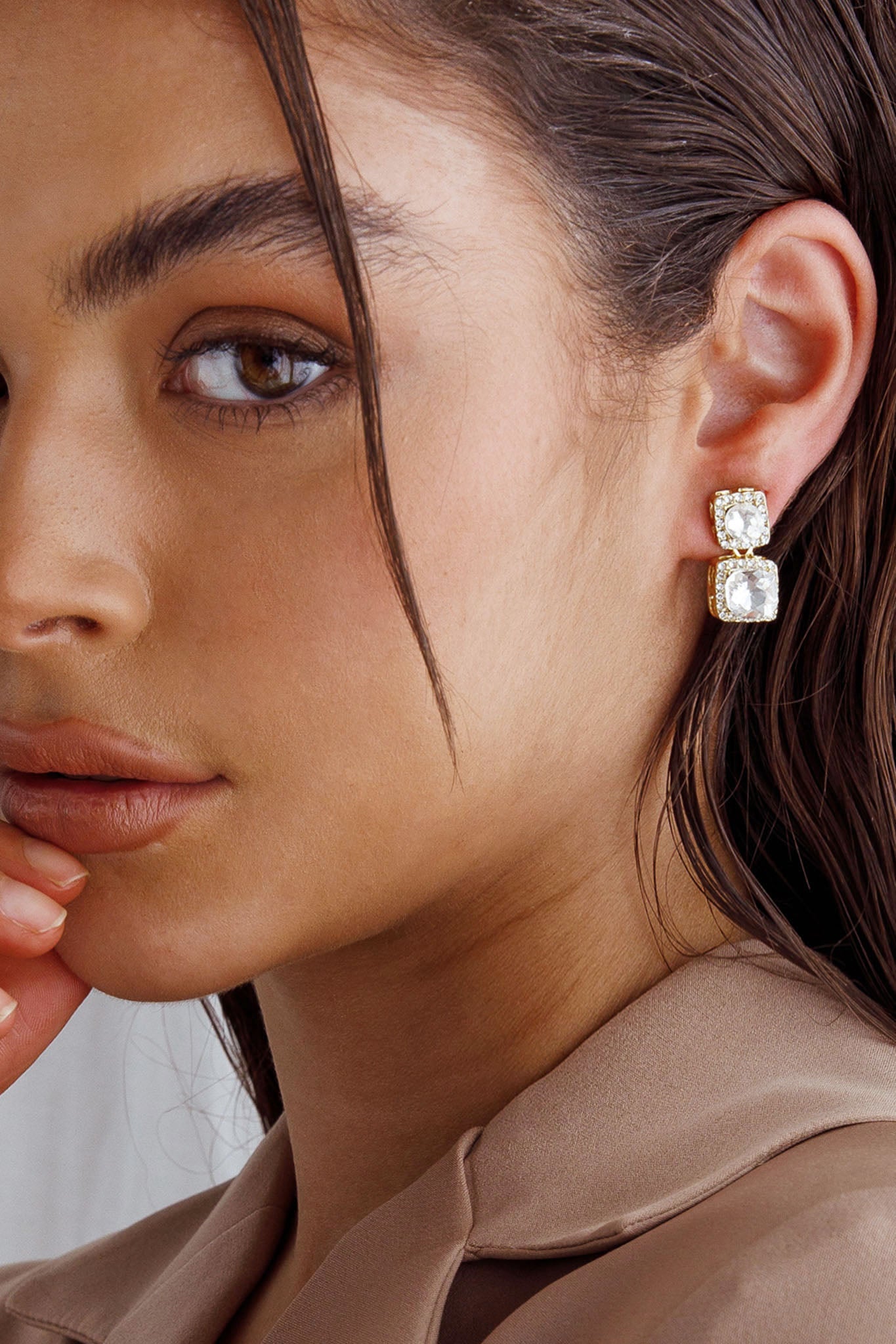 Megan Diamante Square Drop Earrings Gold-Fable Dress