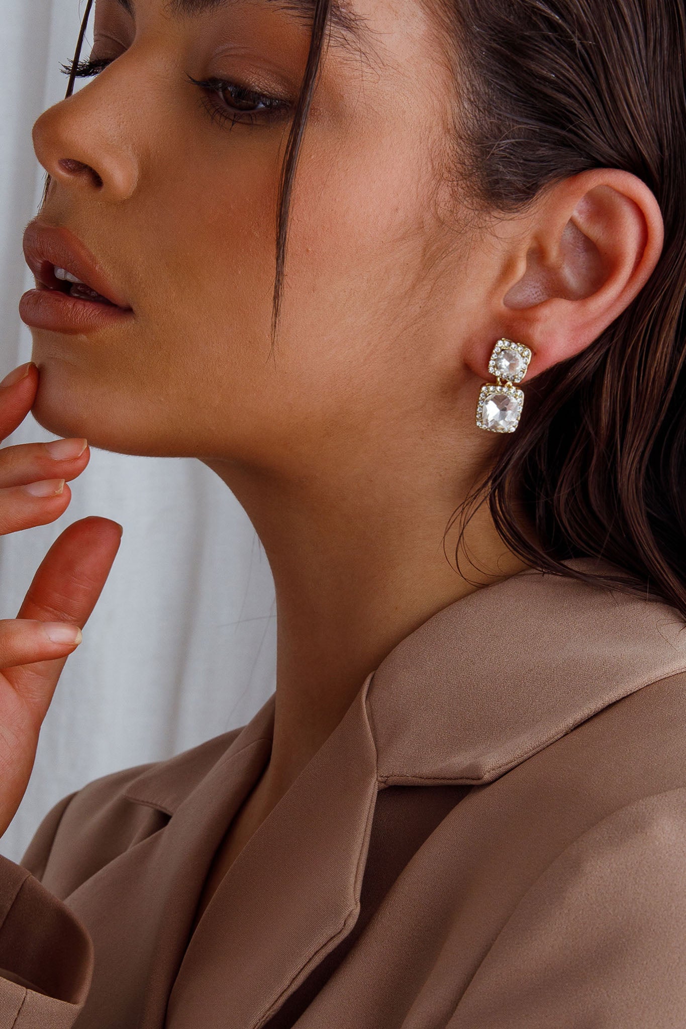 Megan Diamante Square Drop Earrings Gold-Fable Dress