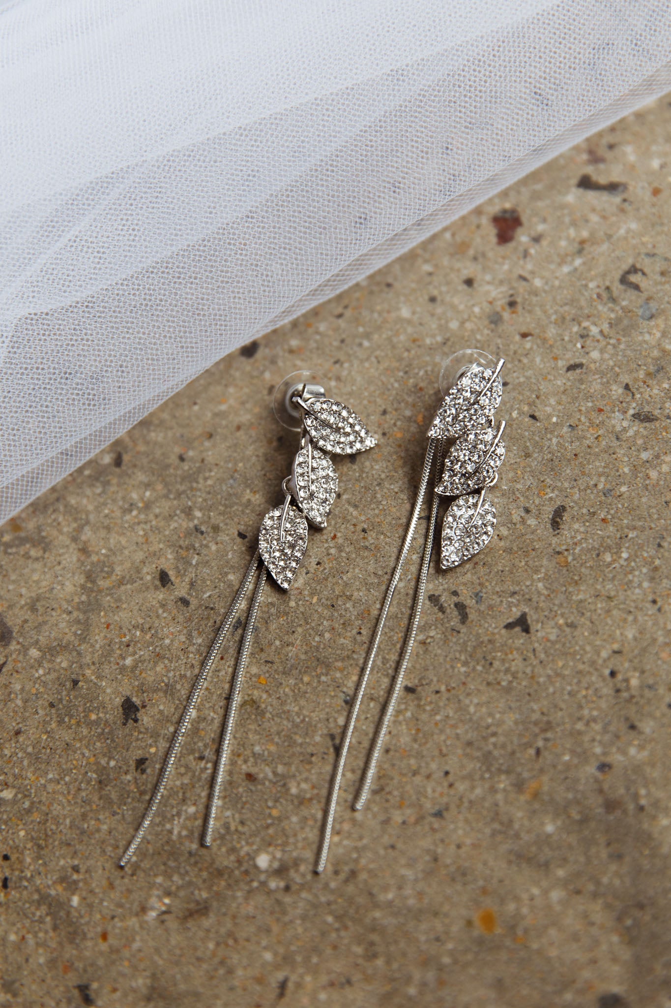 Zircon Leaves Tassel Drop Earrings Silver-Fable Dress