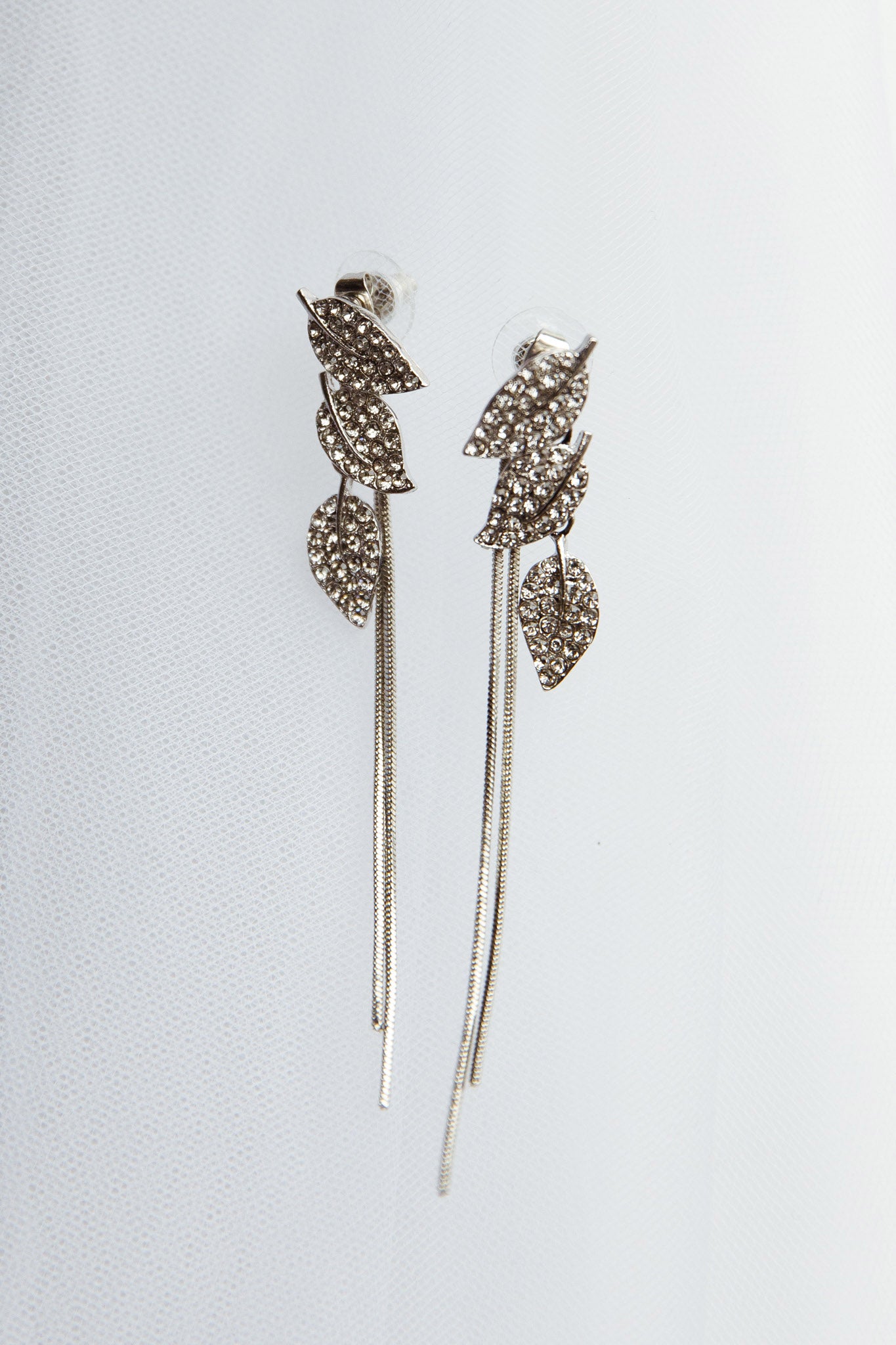 Zircon Leaves Tassel Drop Earrings Silver-Fable Dress