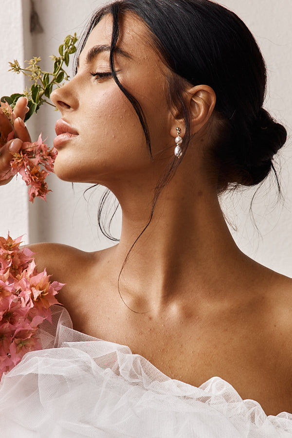 Minka Double Pearl Drop Earrings Gold-Fable Dress