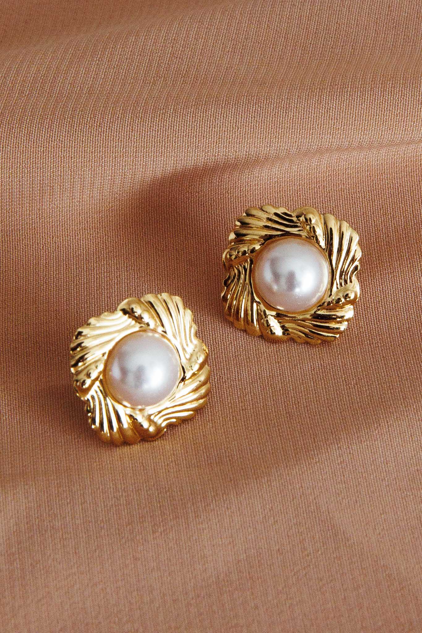 Diana Square Pearl Accent Earrings Gold-Fable Dress
