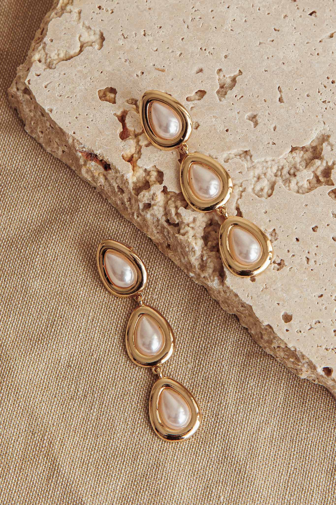 Marion Triple Droplet Earrings Gold Pearl-Fable Dress