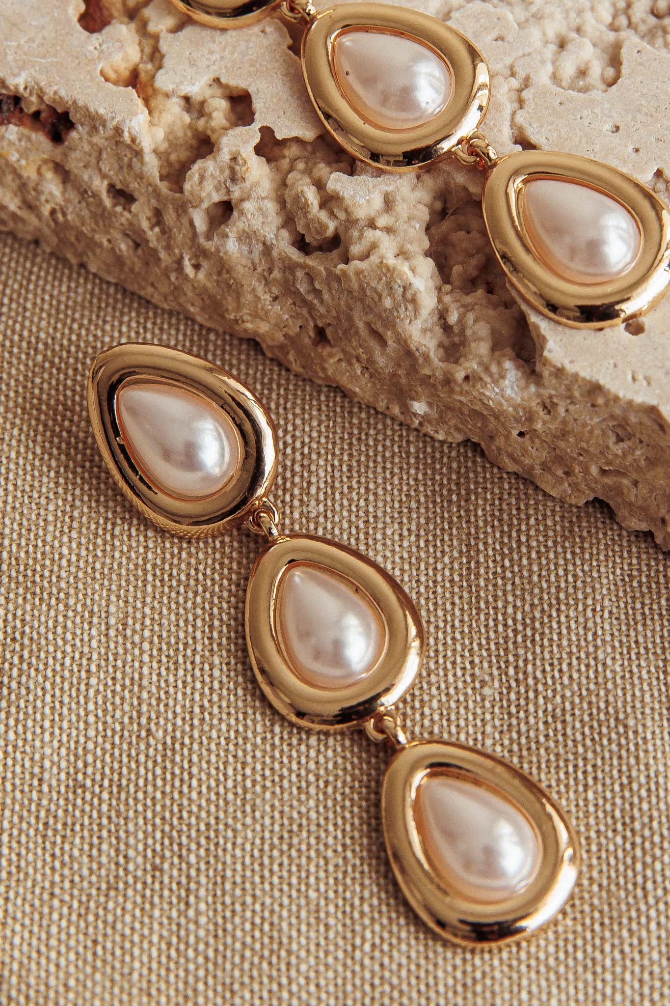 Marion Triple Droplet Earrings Gold Pearl-Fable Dress