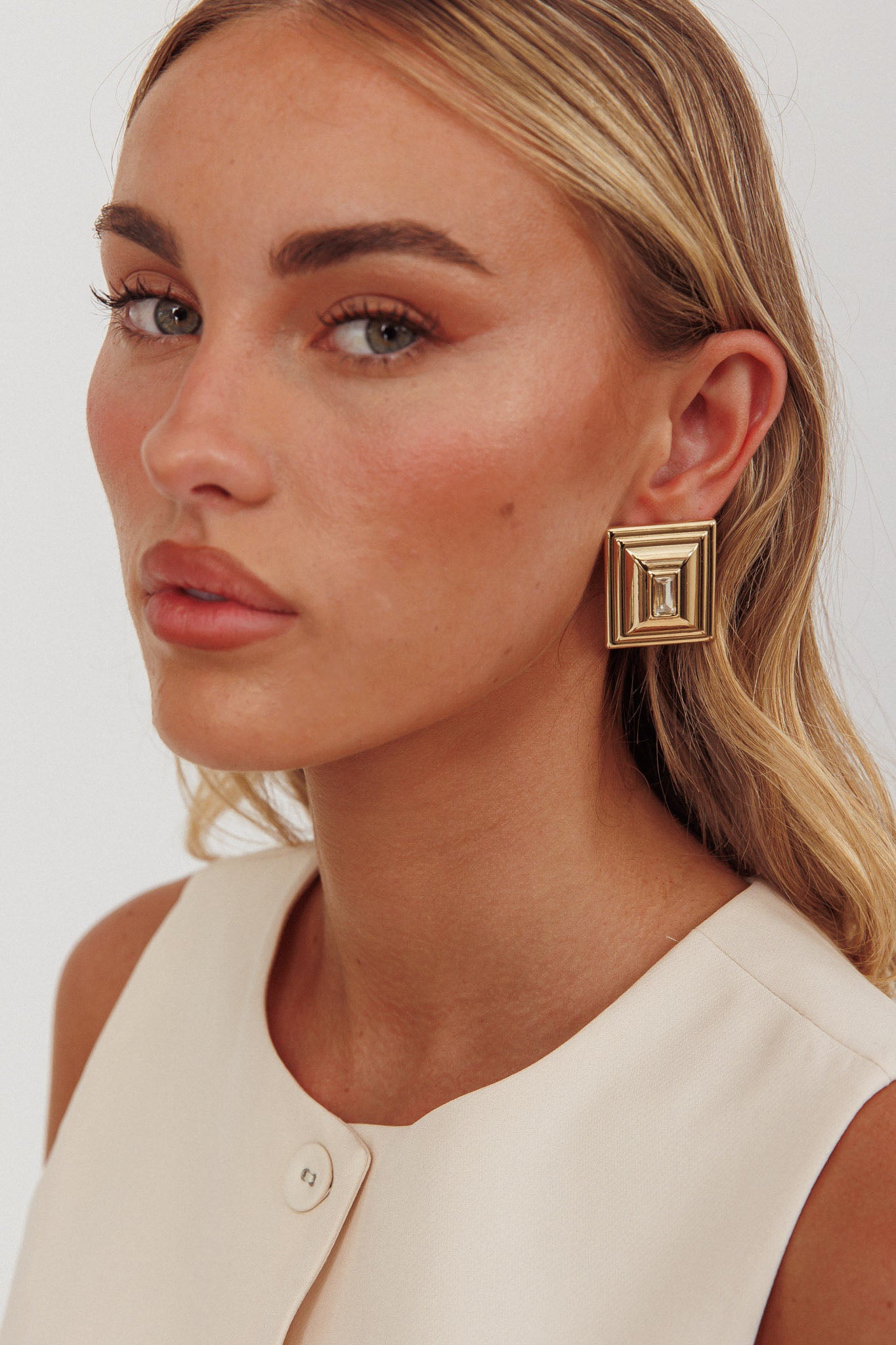 Martha Rectangle Rhinestone Earrings Gold/Diamante-Fable Dress