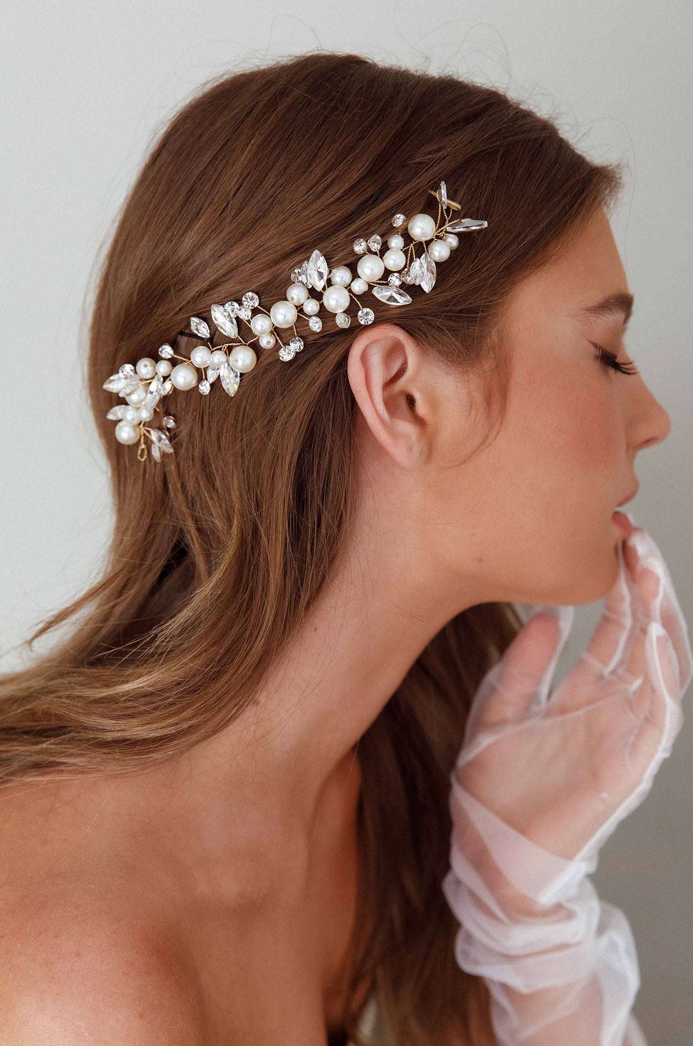 Artemis Pearl & Crystal Hair Pin Gold-Fable Dress