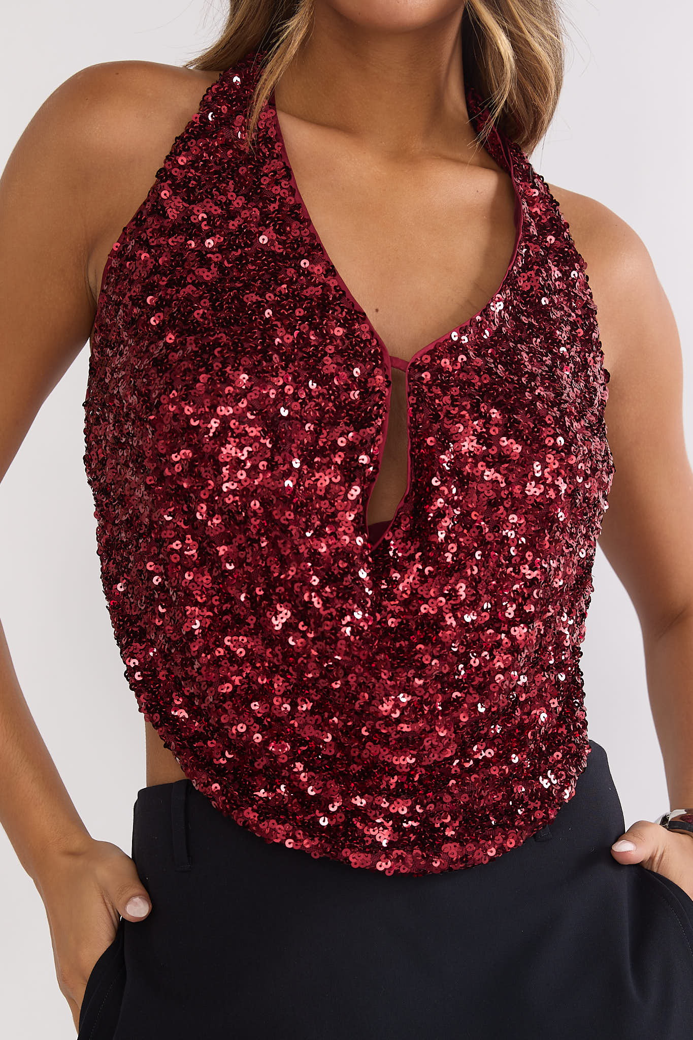 Marquess Backless Halter Top Sequin Cherry-Fable Dress